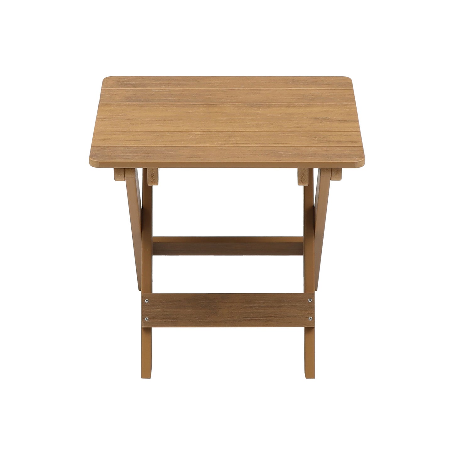 Brown wooden side table with slatted top and sturdy legs