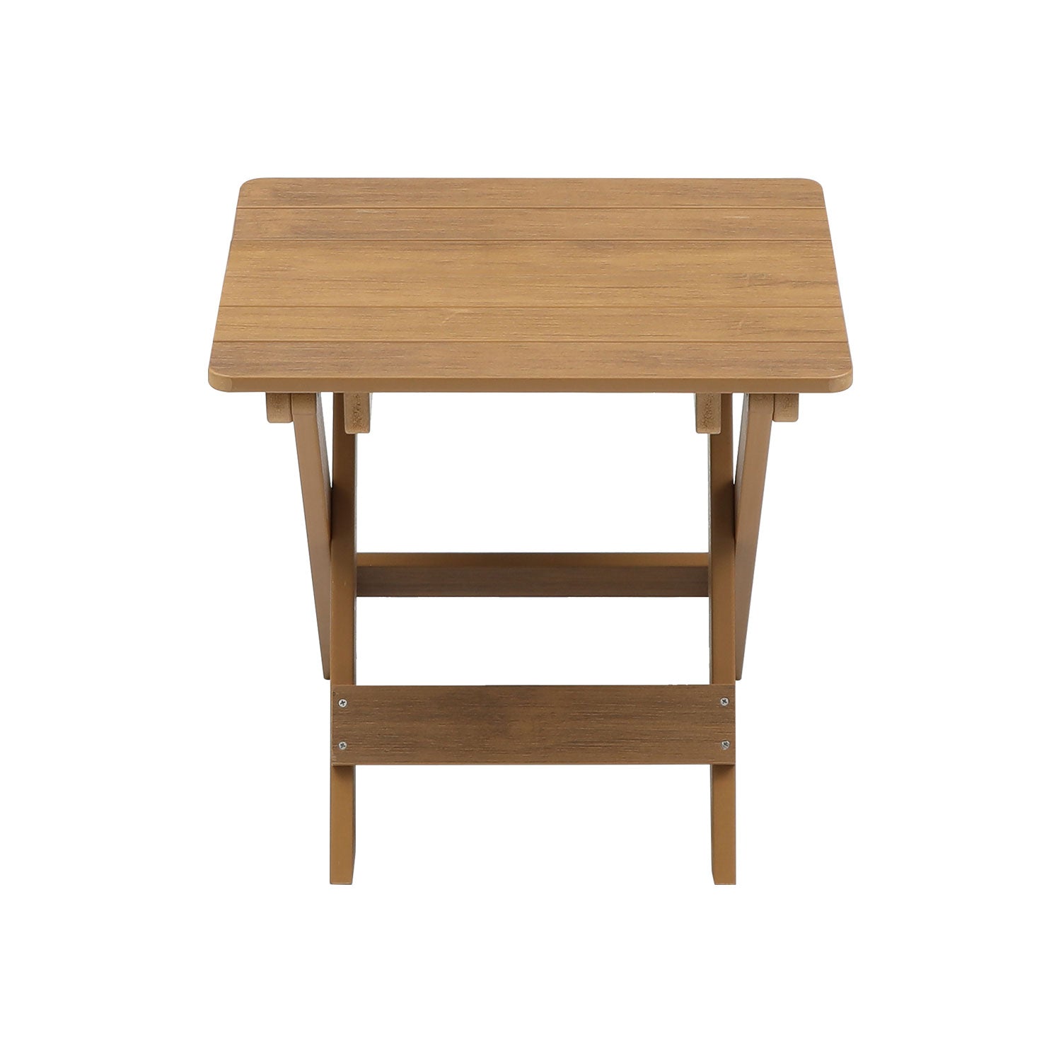 Brown wooden side table with slatted top and sturdy legs