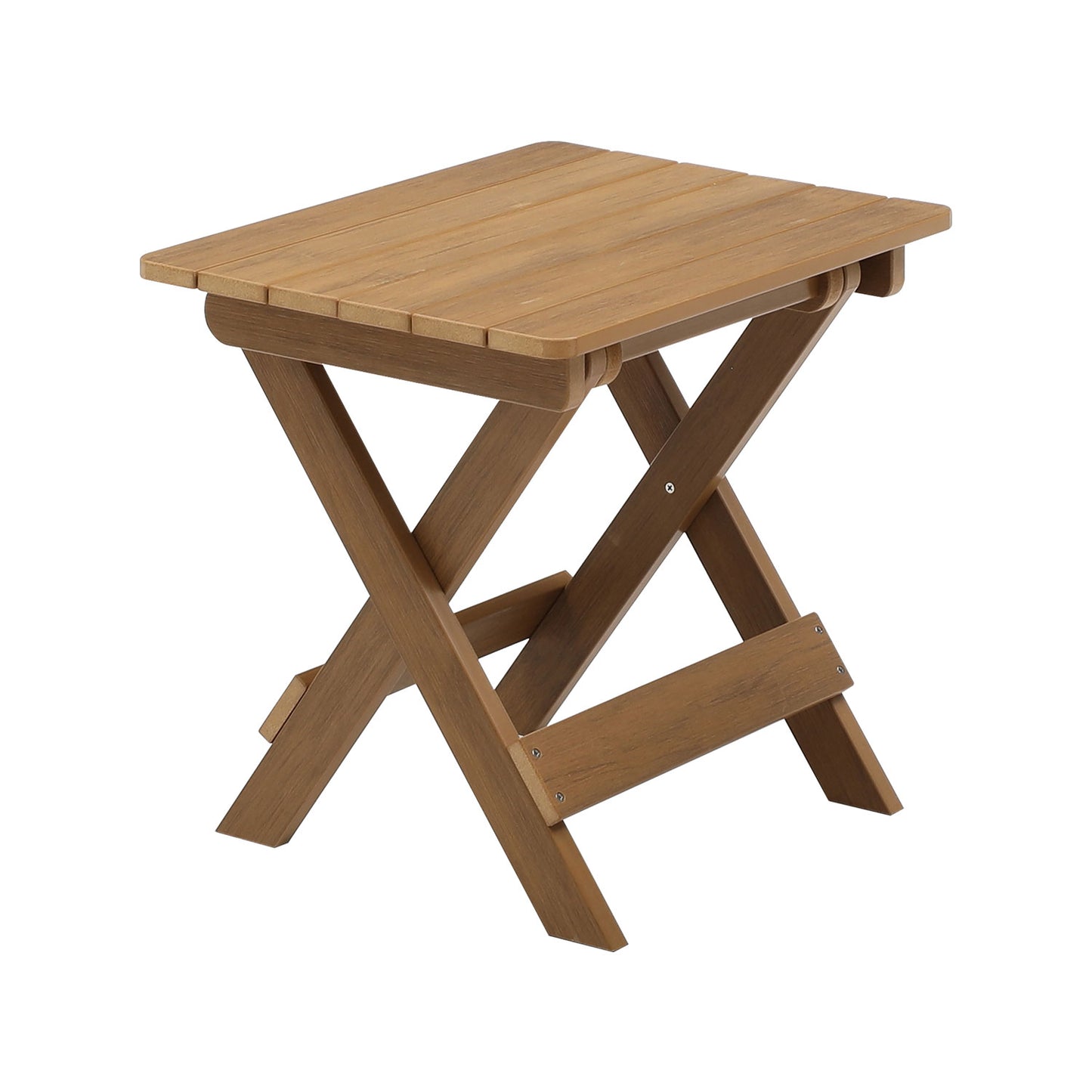 A compact slatted wood side table with folding Xlegs perfect for patios