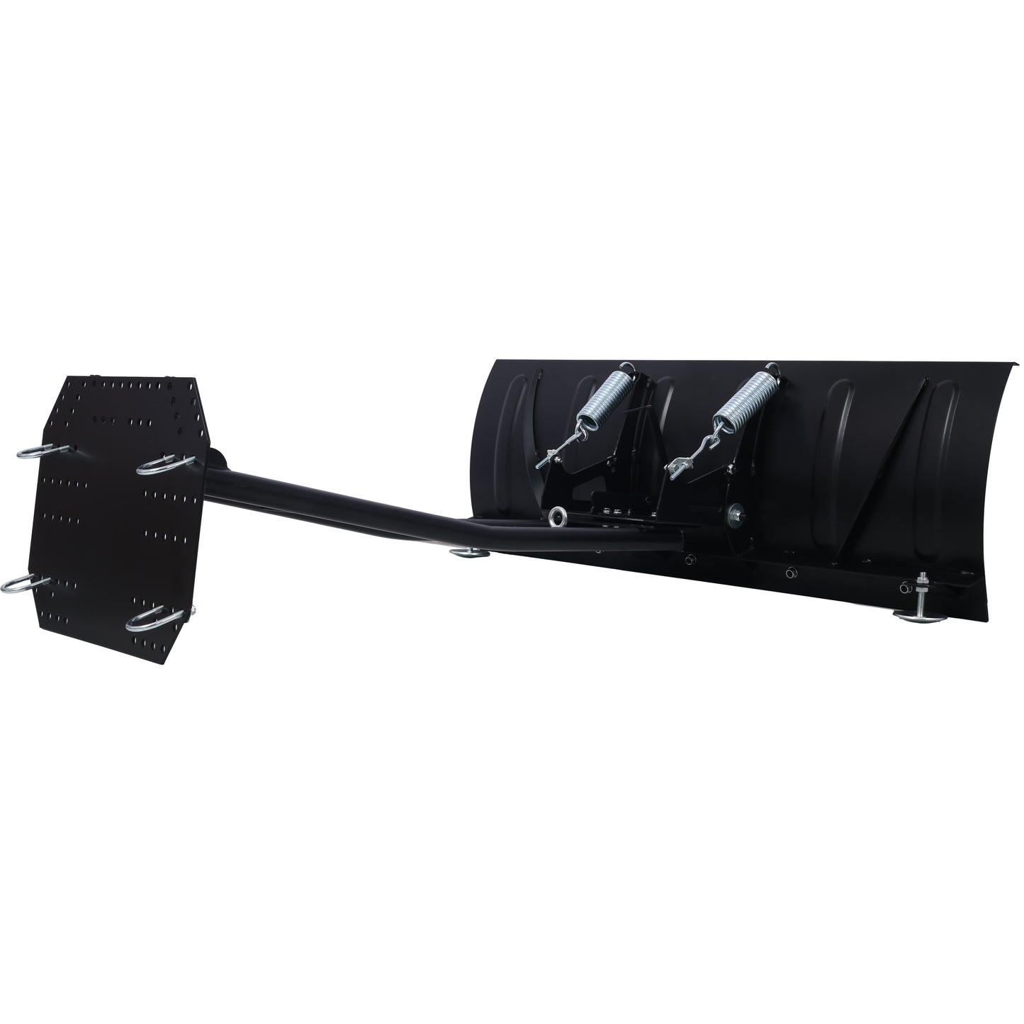 Black metal snow plow attachment with springloaded mechanism and adjustable skid shoes