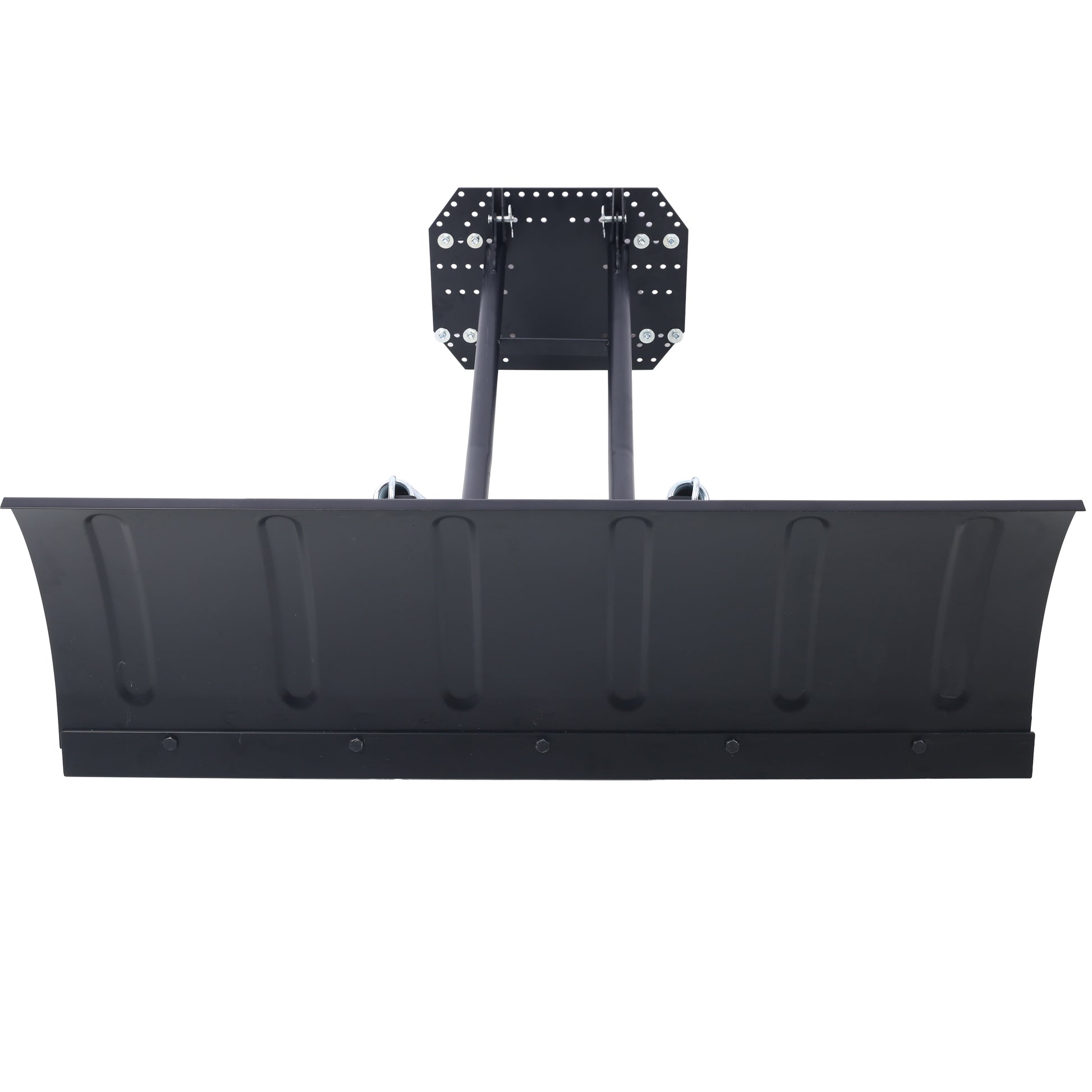 Black metal ATV plow blade with adjustable angle mount ready for winter use