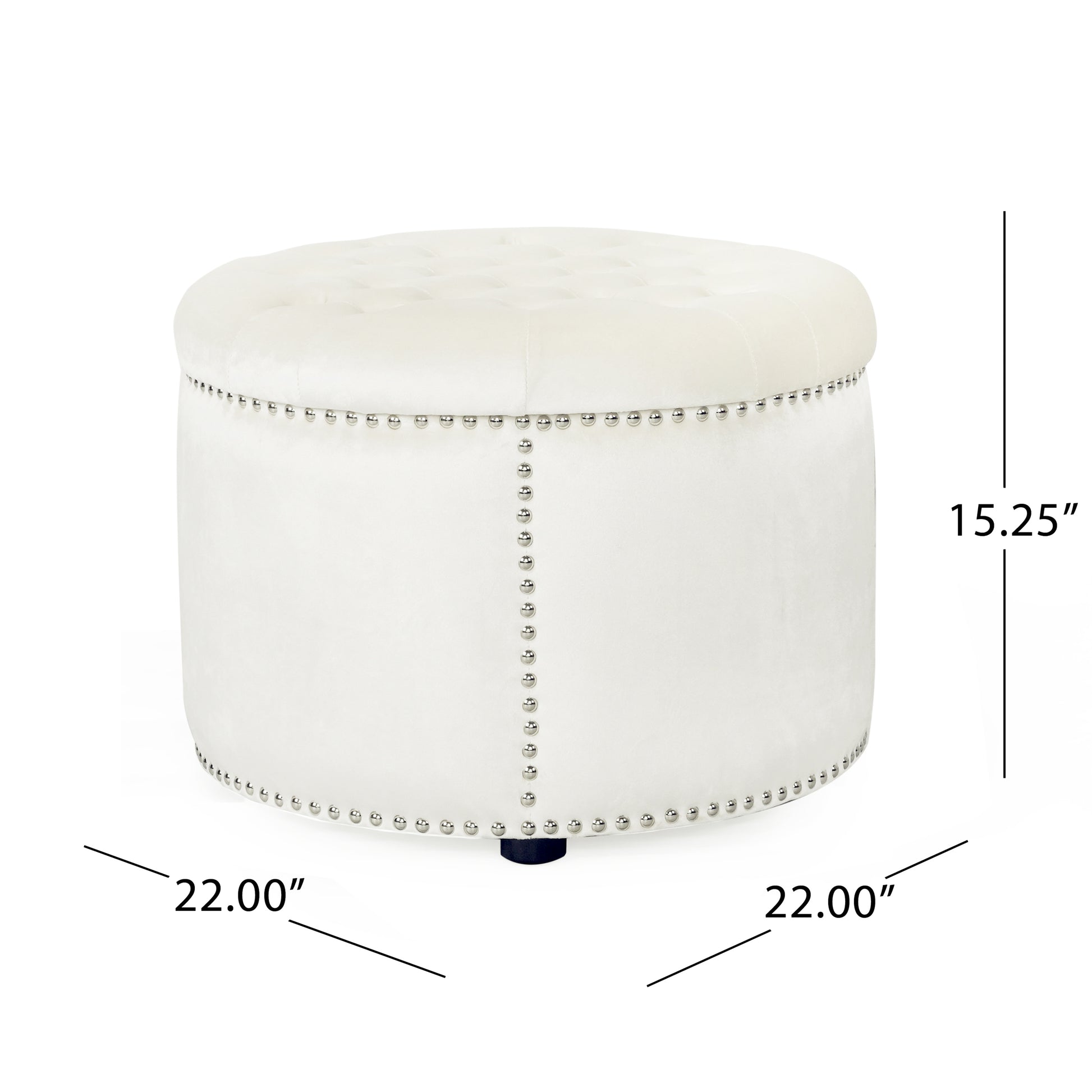 White velvet round ottoman with button tufting and silver nailhead trim  diameter