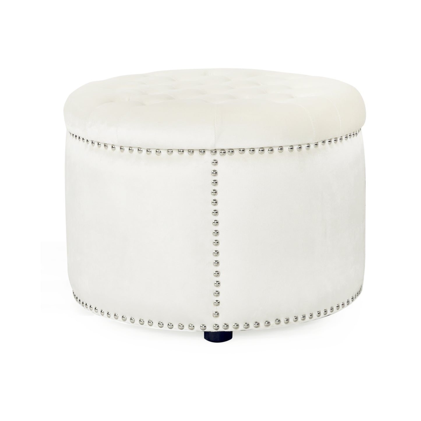 Cream velvet storage ottoman with tufted top and silver nailhead trim accent