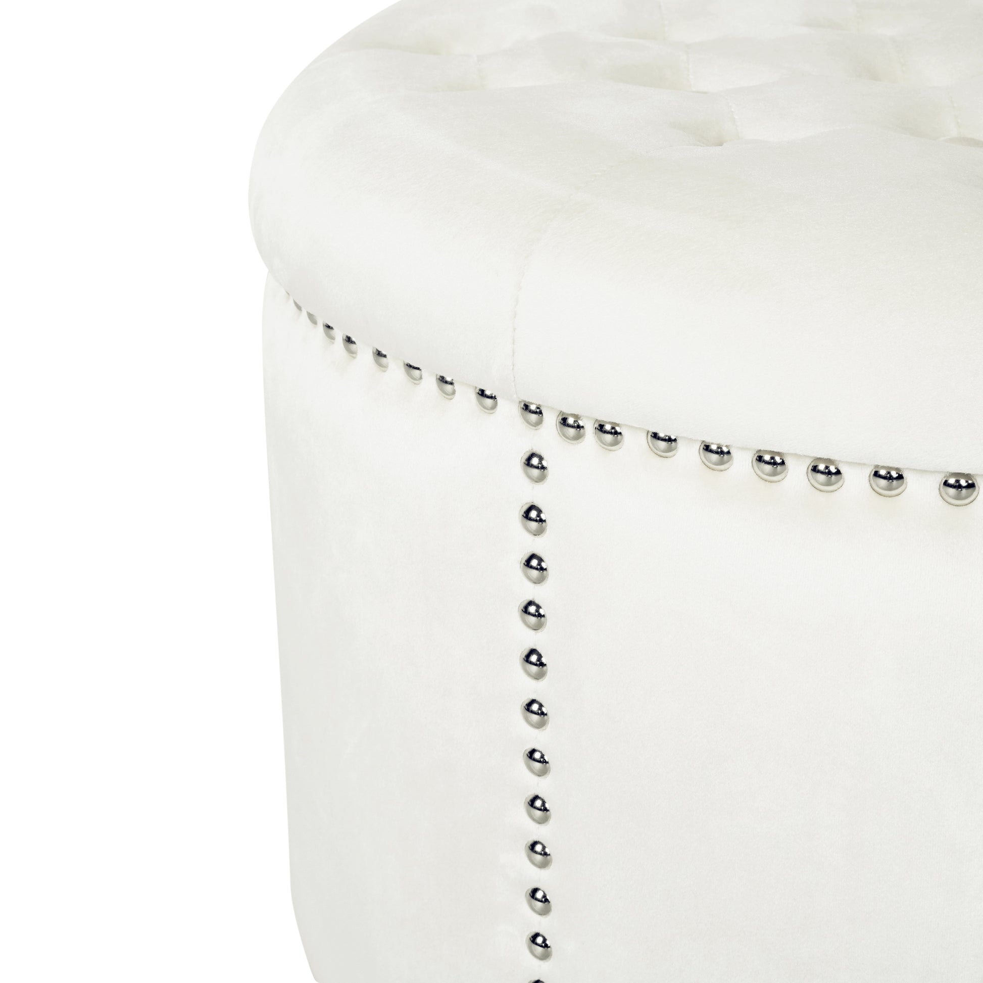 White velvet ottoman with tufted top and decorative silver nailhead trim