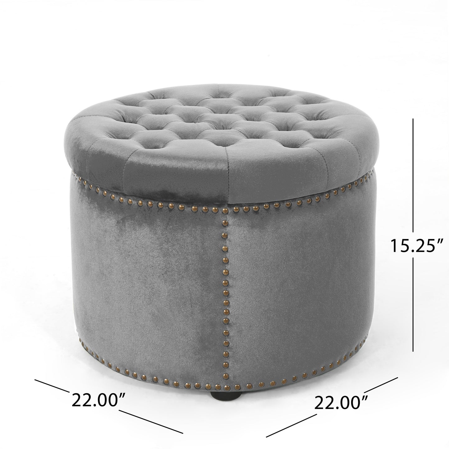 Gray velvet tufted round ottoman with brass nailhead trim  W