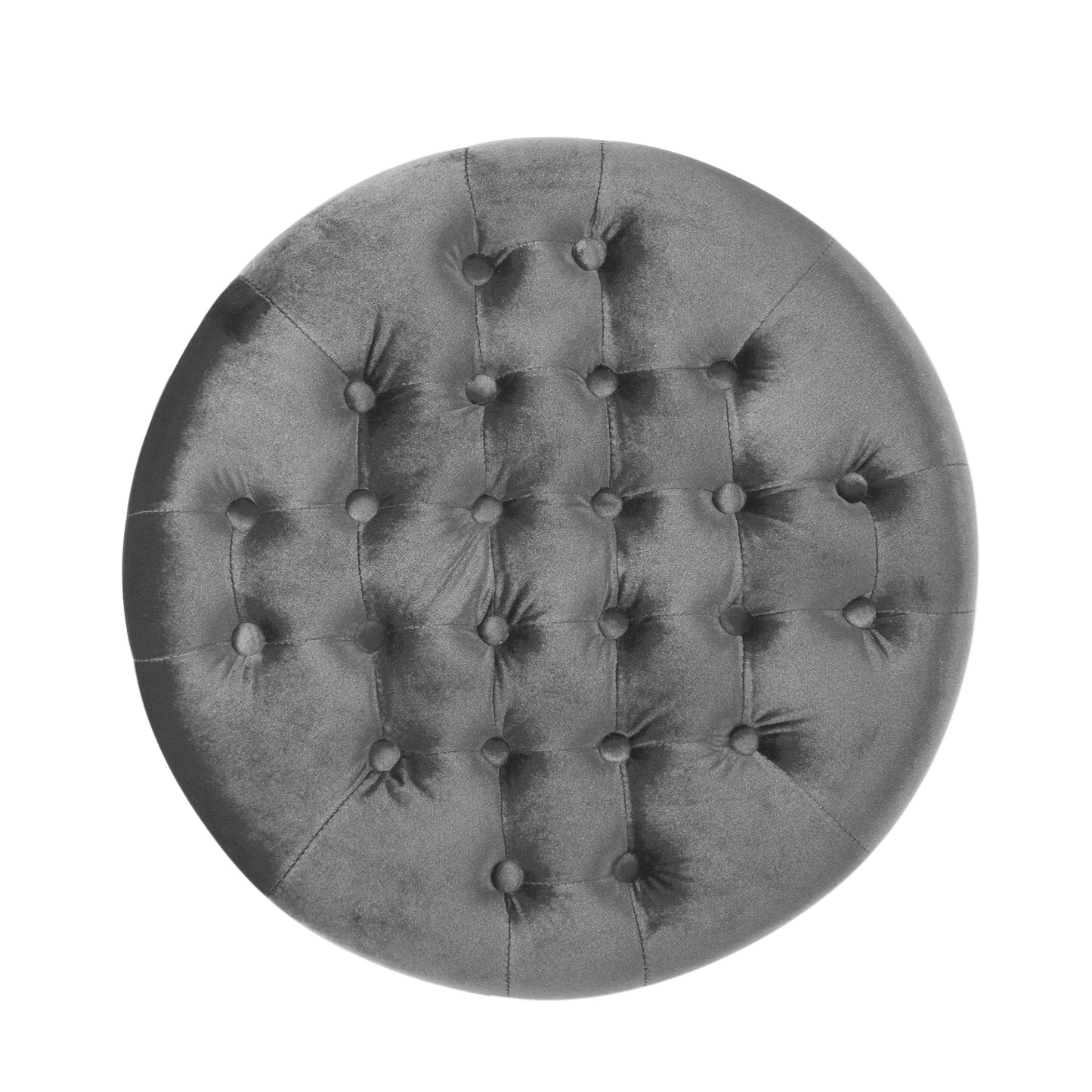 Tufted grey velvet round ottoman adding a plush accent to any living space