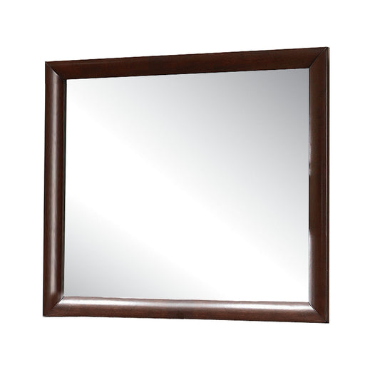 Rectangular wall mirror with a dark wood frame