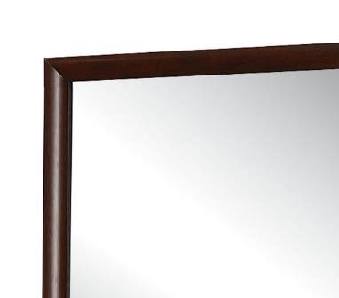 Closeup of a dark wood framed rectangular wall mirror