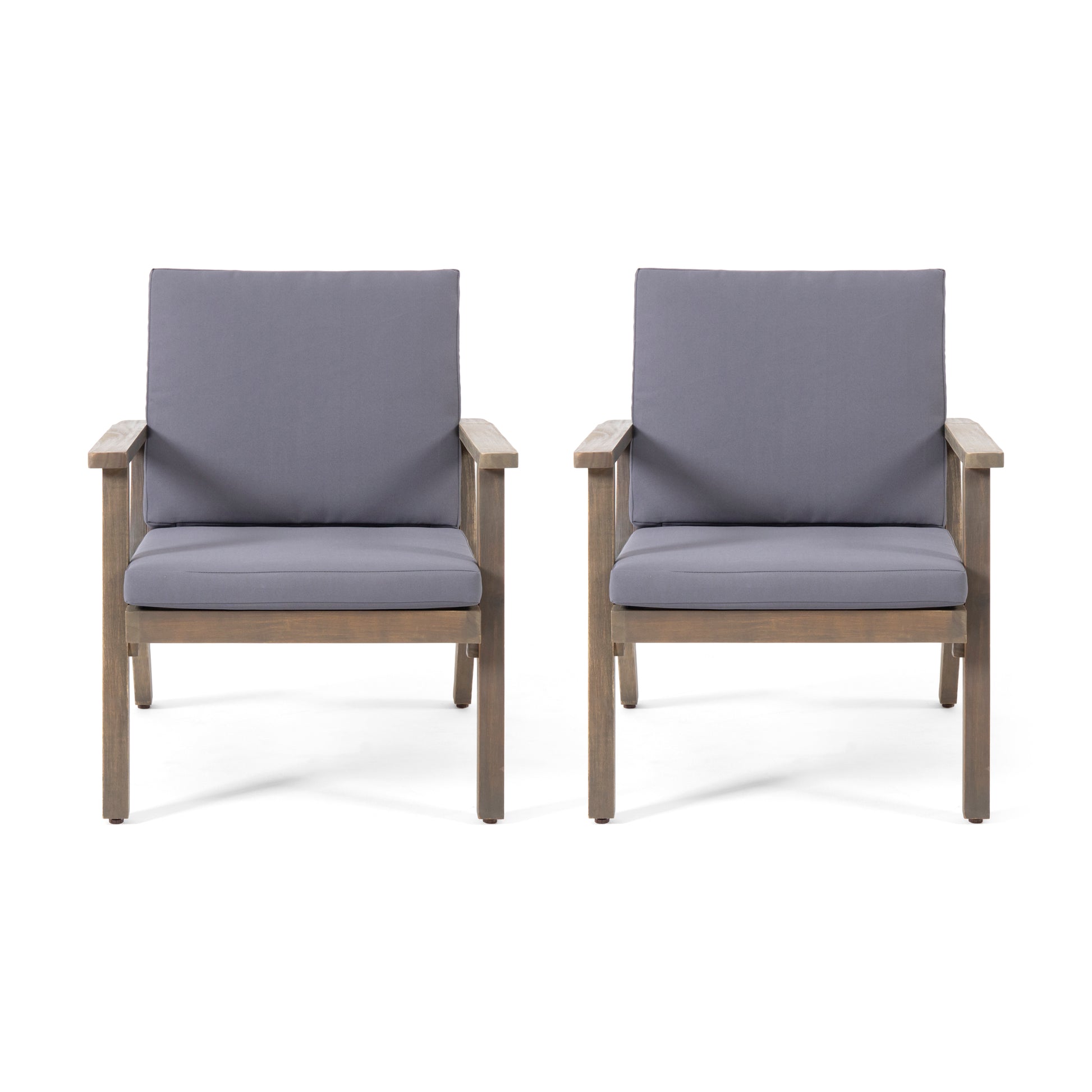 Two modern gray cushioned patio chairs with natural wood frames and arms