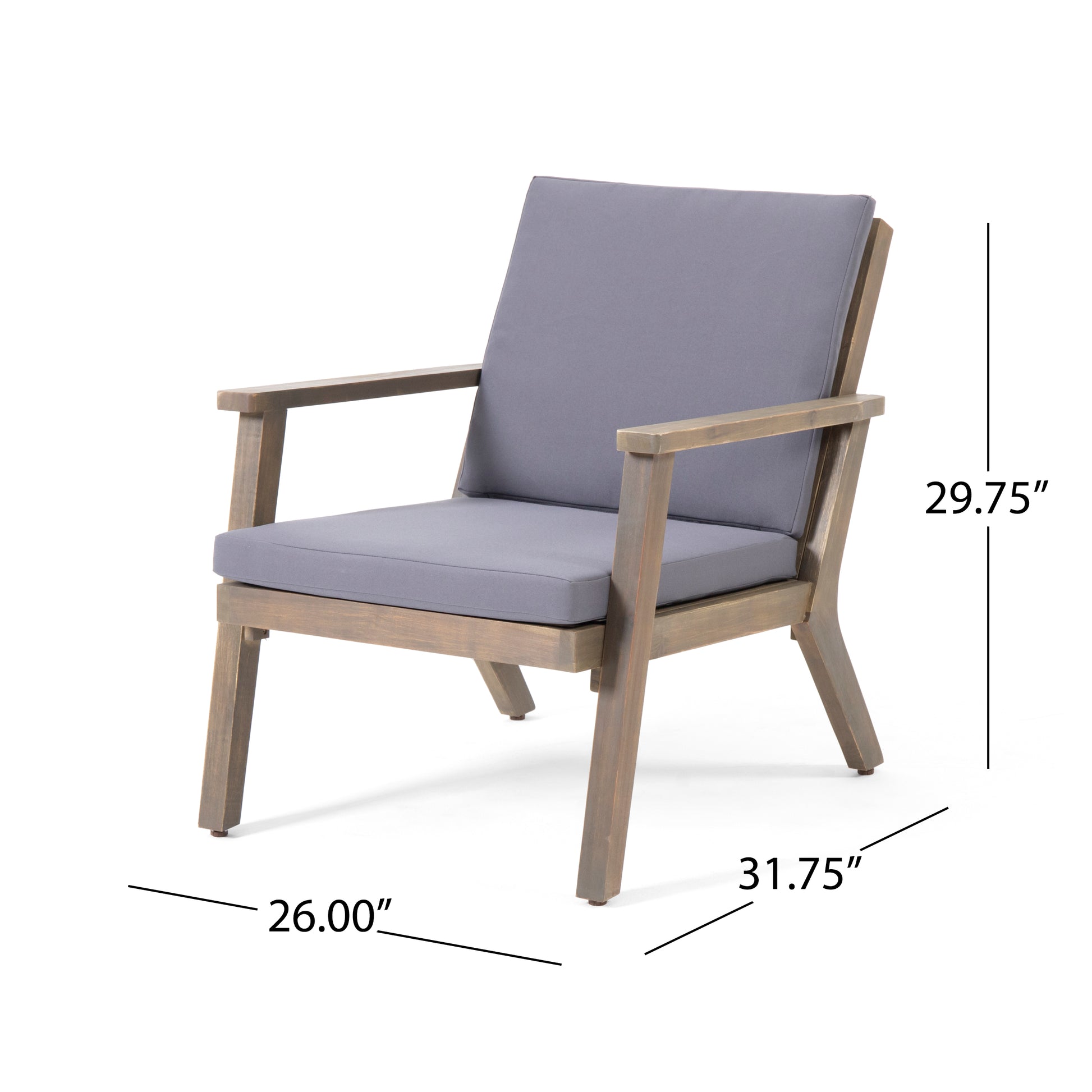 Grey upholstered hardwood armchair with midcentury modern design elements