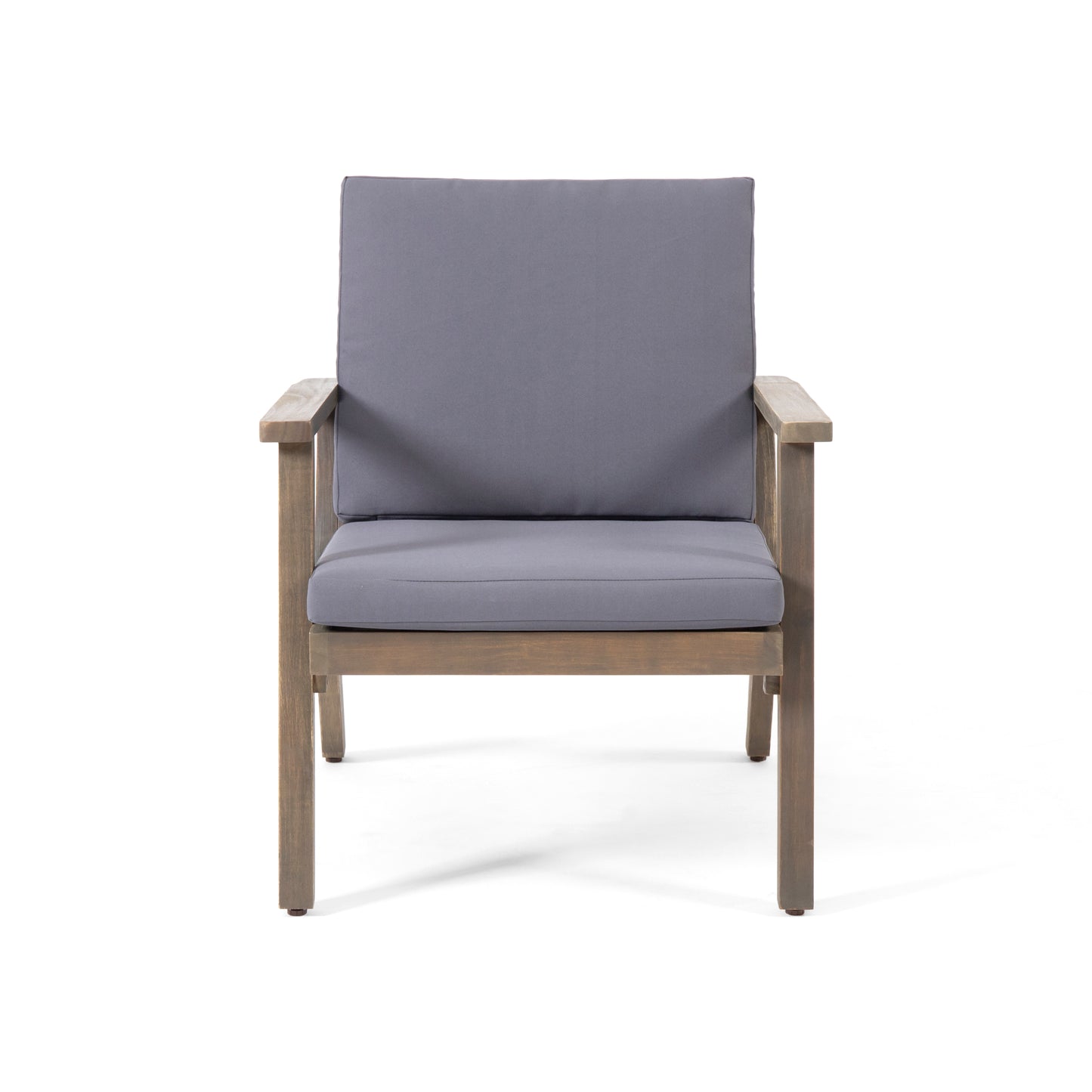 Weathered grey wood outdoor chair with plush charcoal cushions