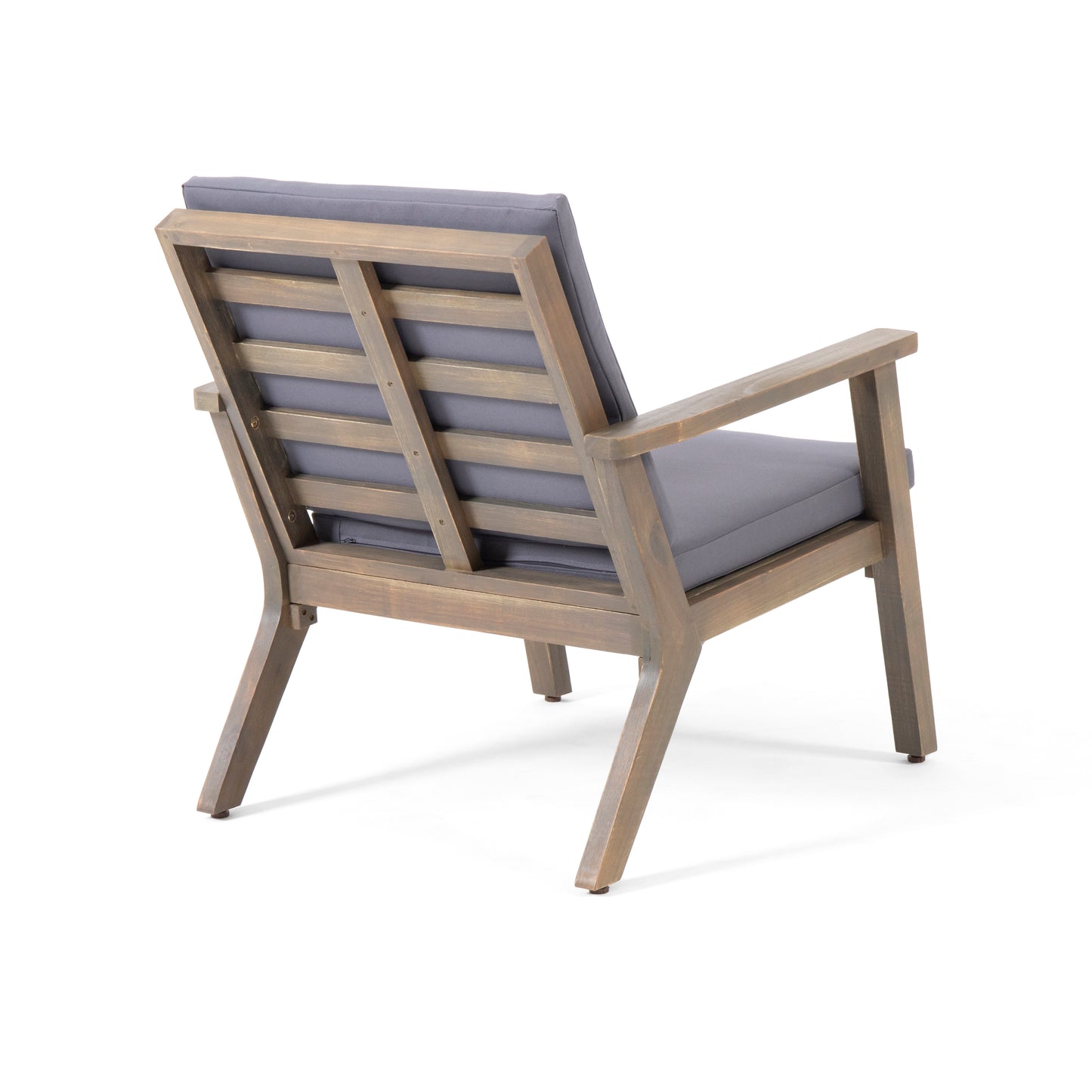 Grey cushioned wooden armchair with slatted backrest perfect for outdoor patio seating