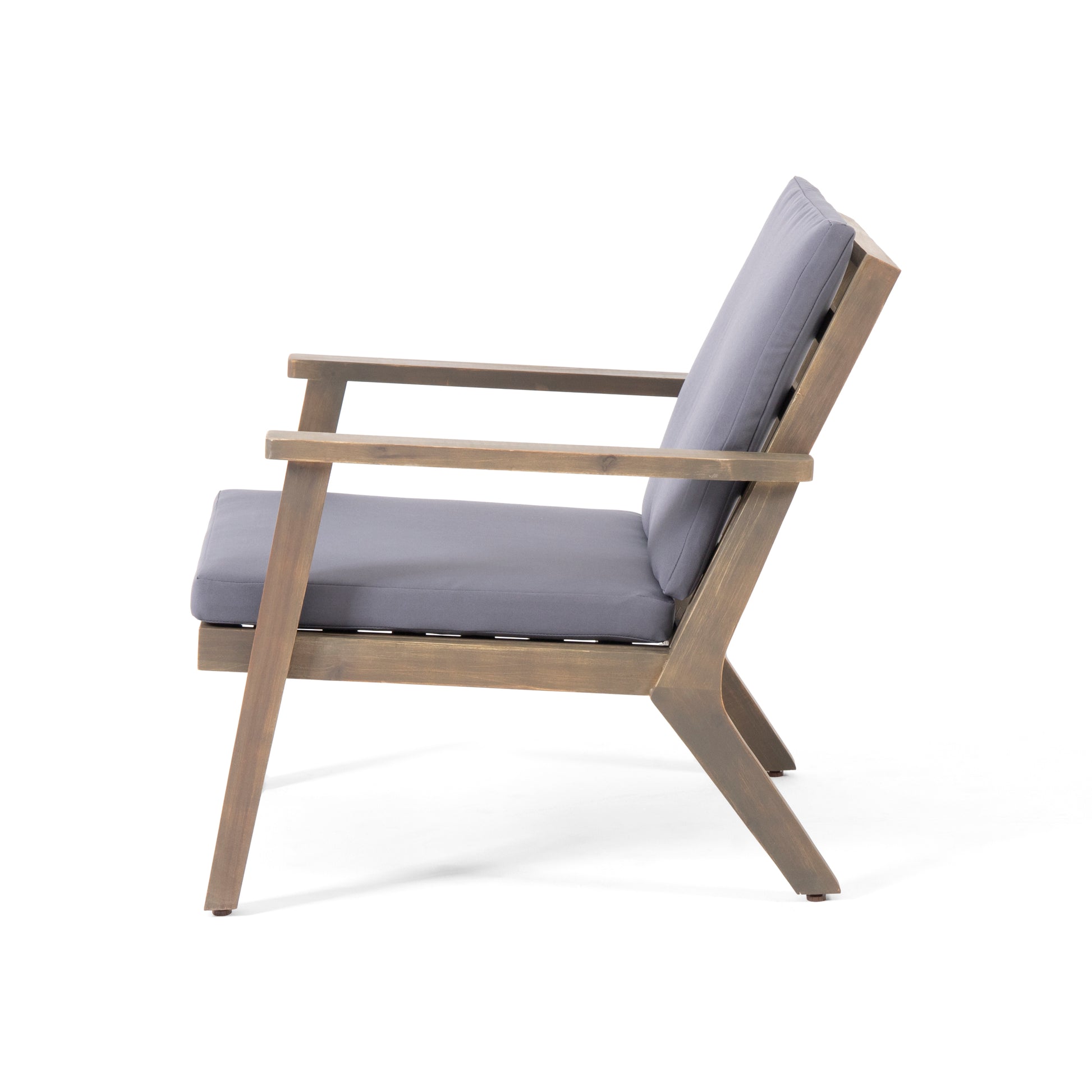 Modern wooden armchair with grey cushion ideal for patio seating