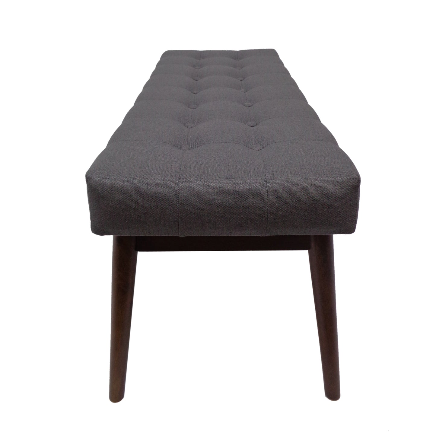 Tufted charcoal grey upholstered bench with dark wood legs midcentury modern accent