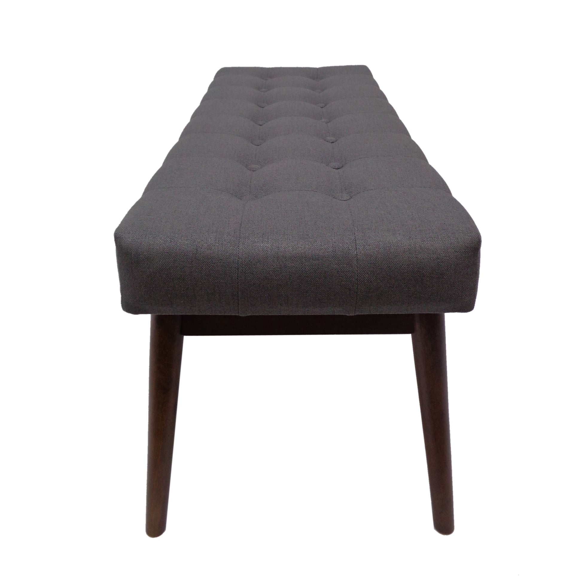 Tufted charcoal grey upholstered bench with dark wood legs midcentury modern accent