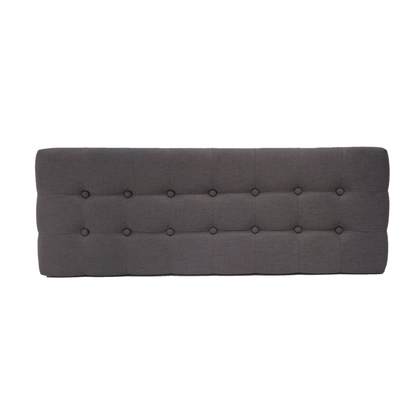 Dark grey fabric headboard with deep button tufting and clean stitching