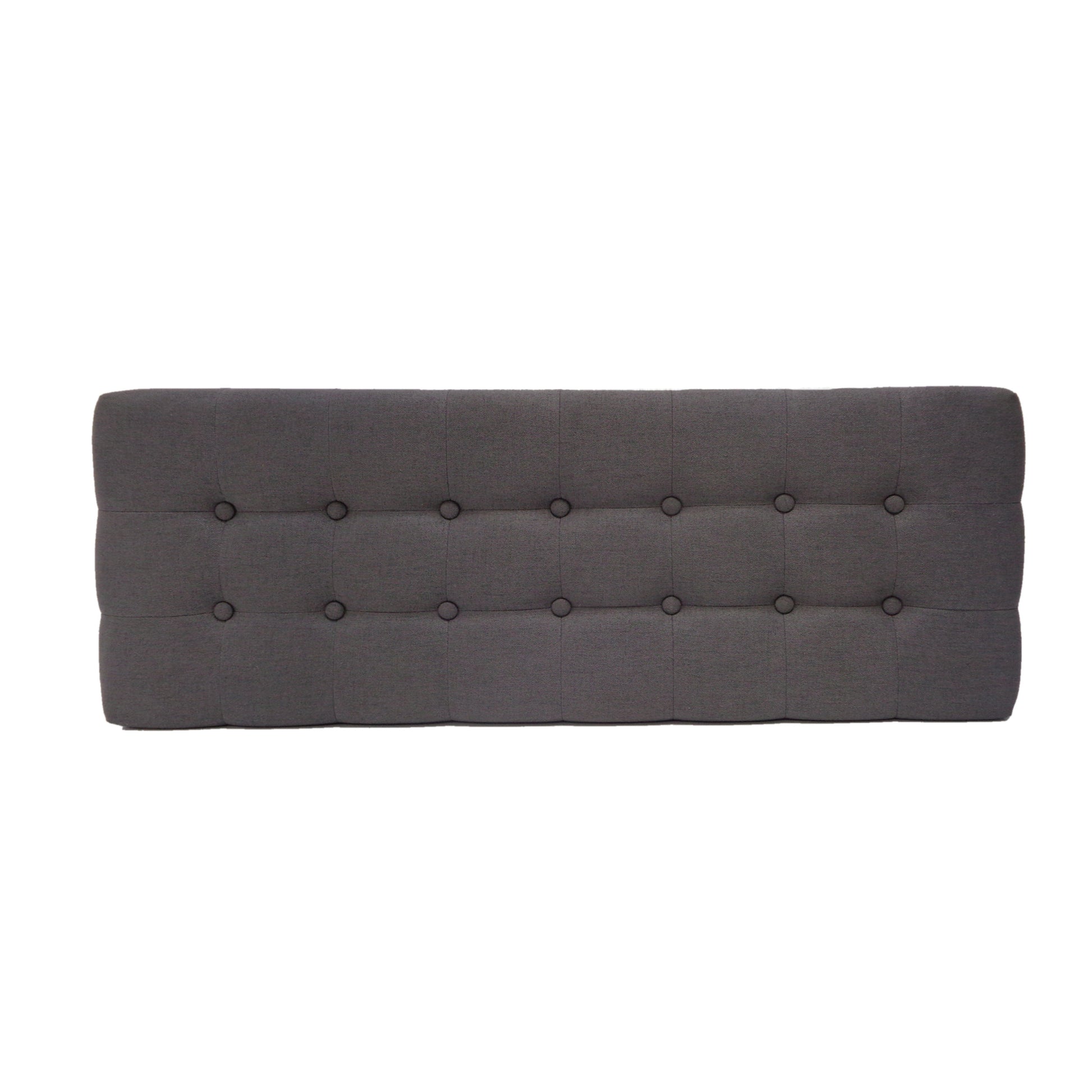 Dark grey fabric headboard with deep button tufting and clean stitching