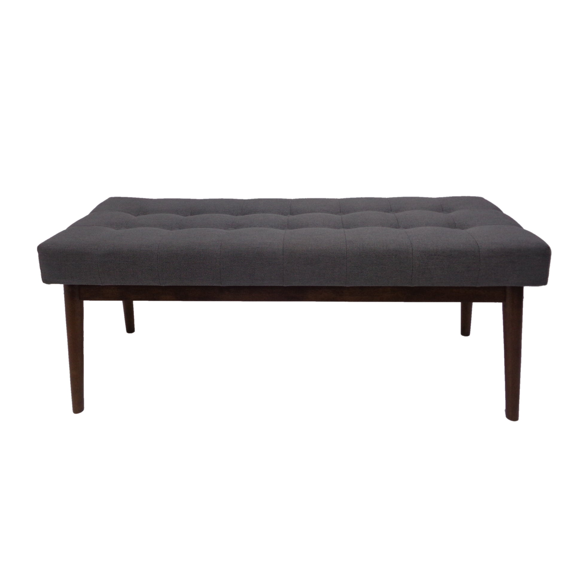Dark gray tufted ottoman bench with tapered wooden legs perfect for entryways