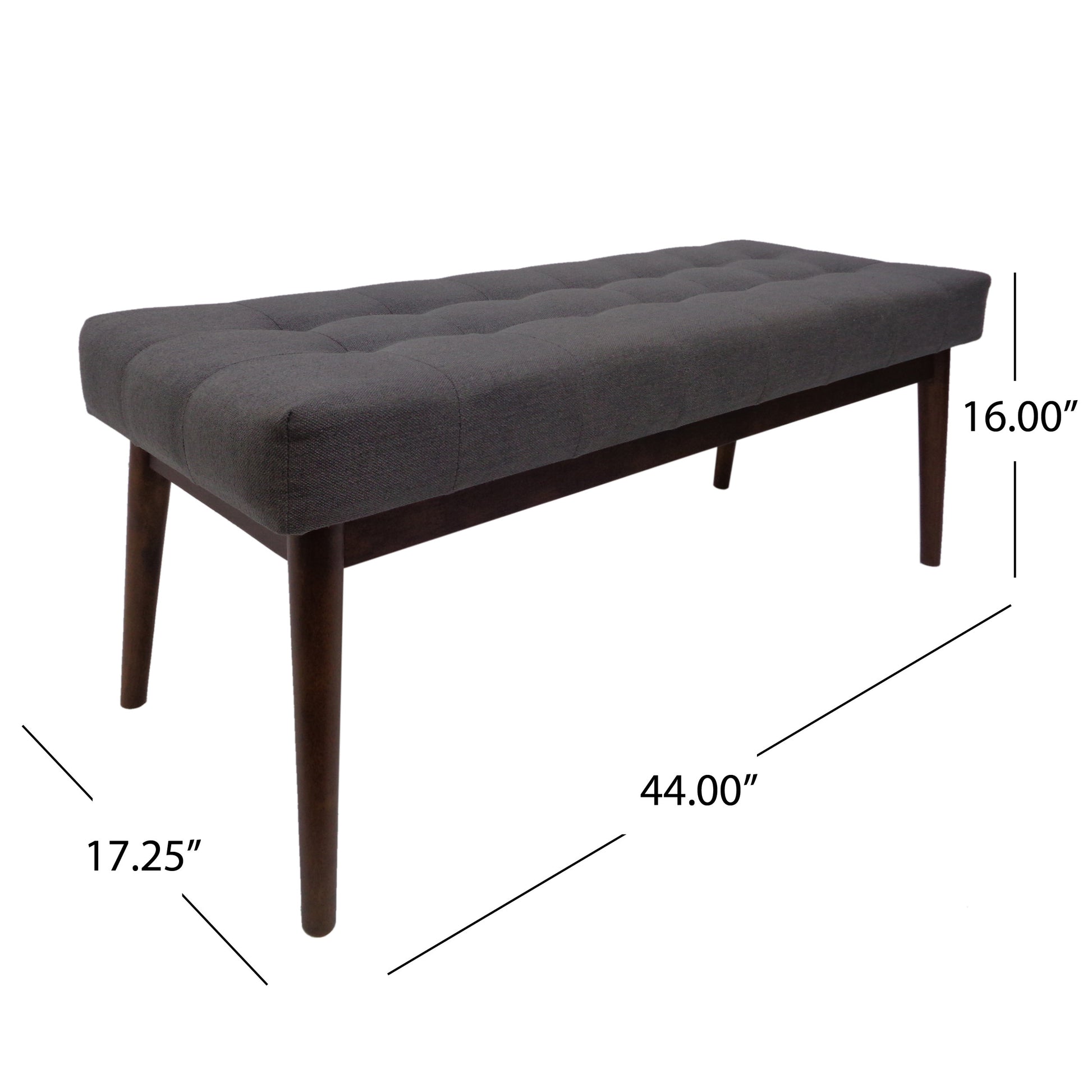 Dark grey tufted upholstered bench with tapered wooden legs perfect for entryway seating