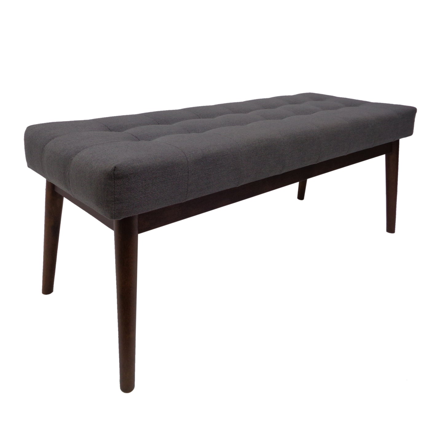 Tufted grey fabric bench with dark wood tapered legs ideal for entryways