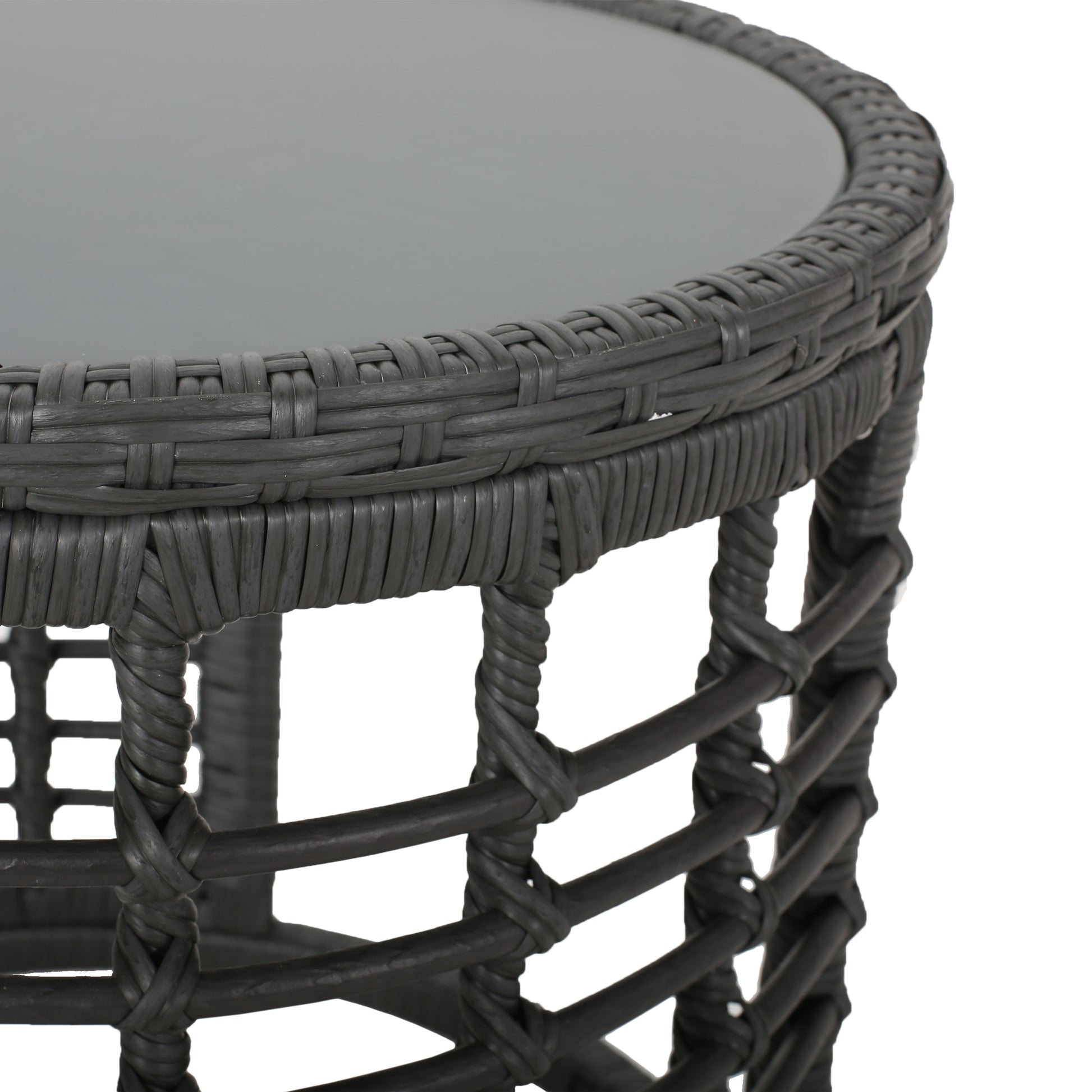 Dark gray rattan end table with glass top perfect for patio furniture