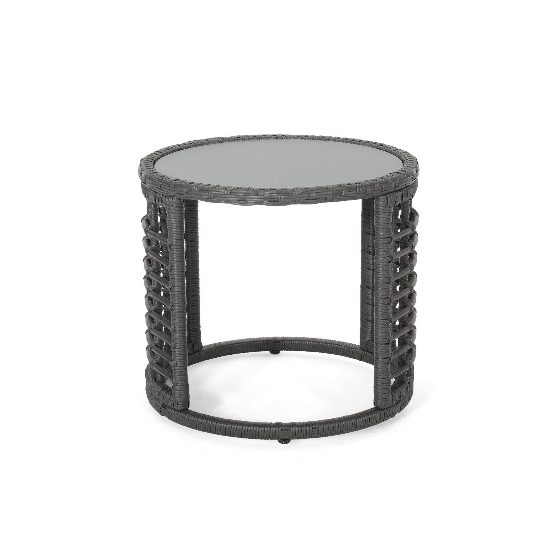 Dark gray rattan side table with tempered glass top perfect for outdoor patio use
