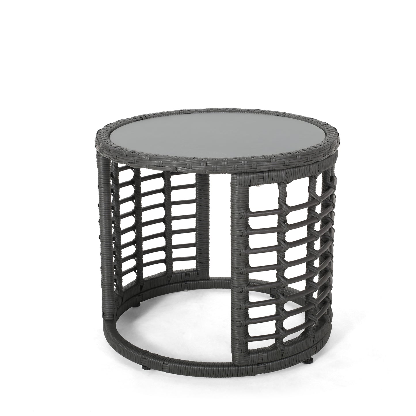 Dark grey rattan round side table with glass top perfect for patios