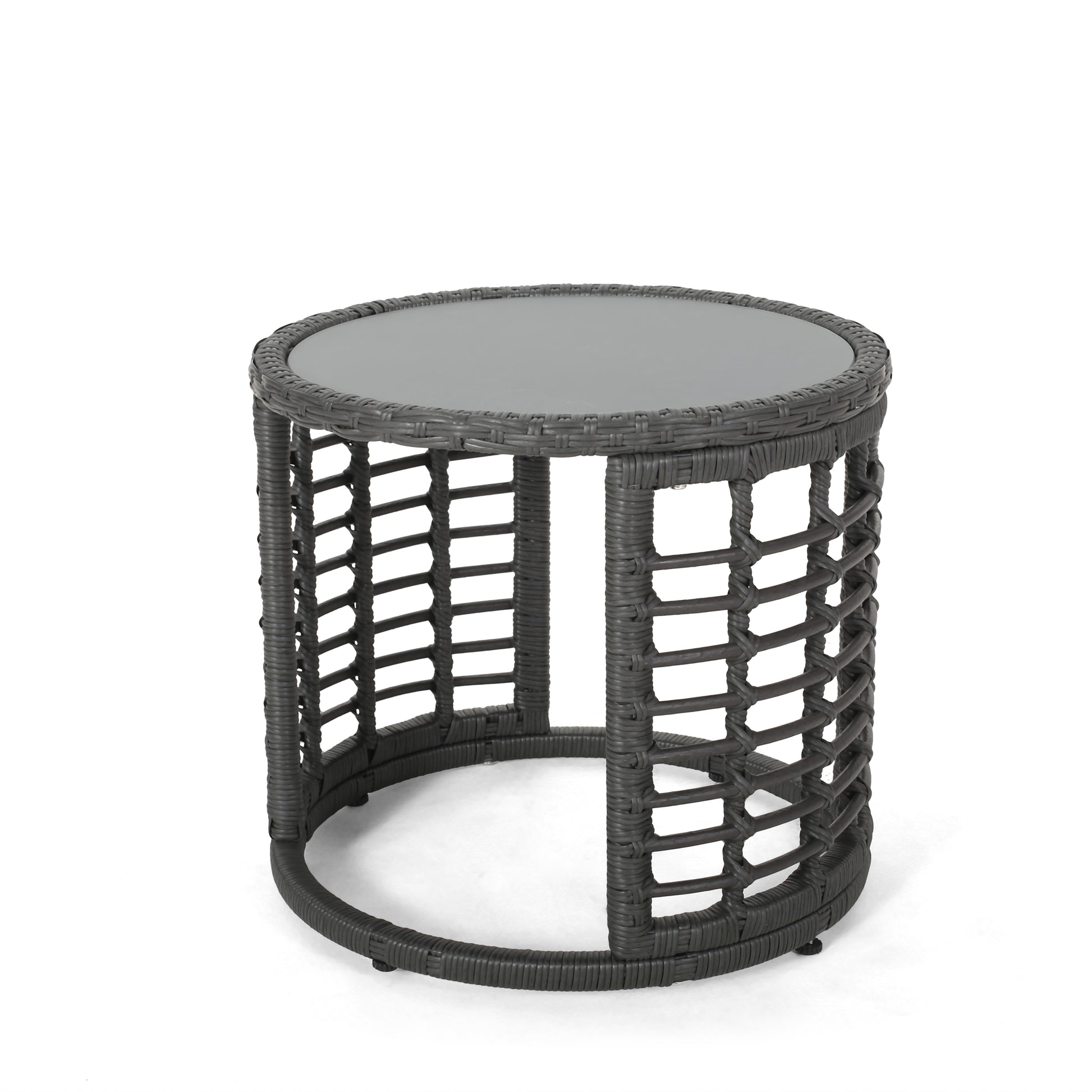 Dark grey rattan round side table with glass top perfect for patios