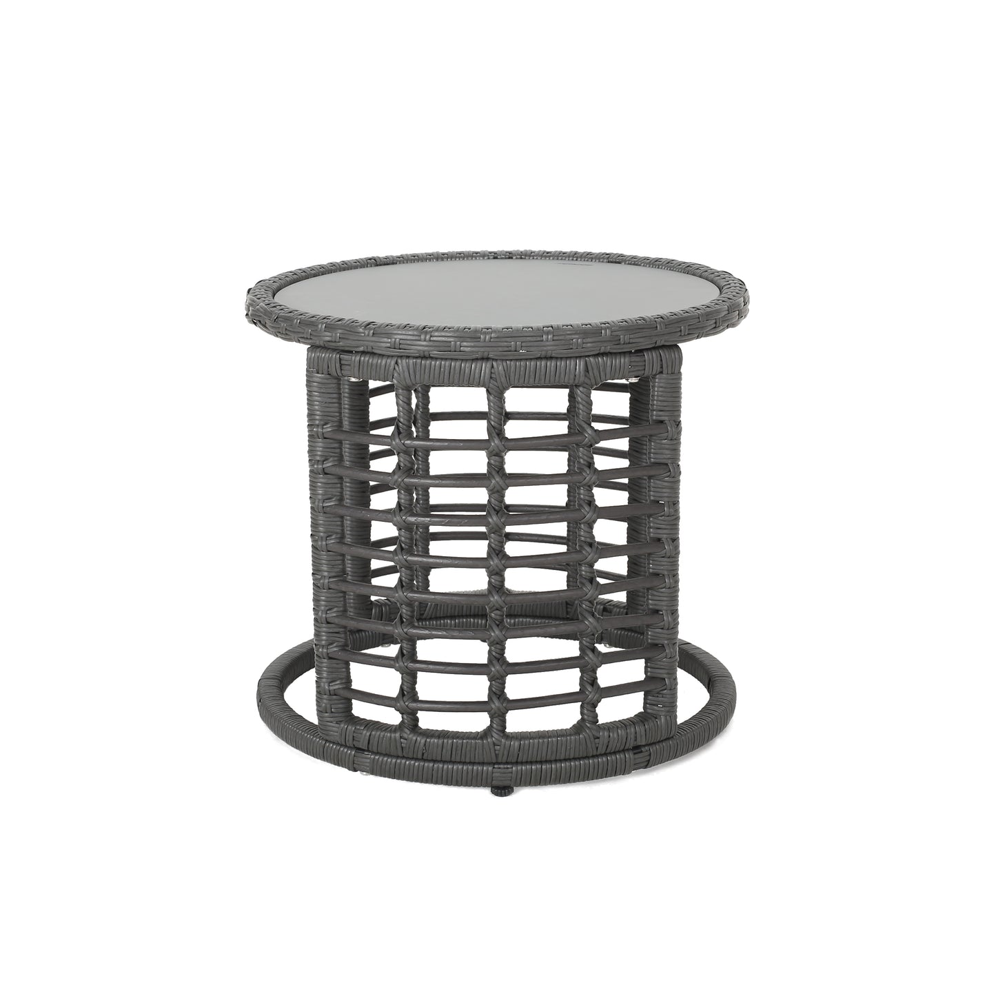 Grey wicker side table with glass top for outdoor patio use