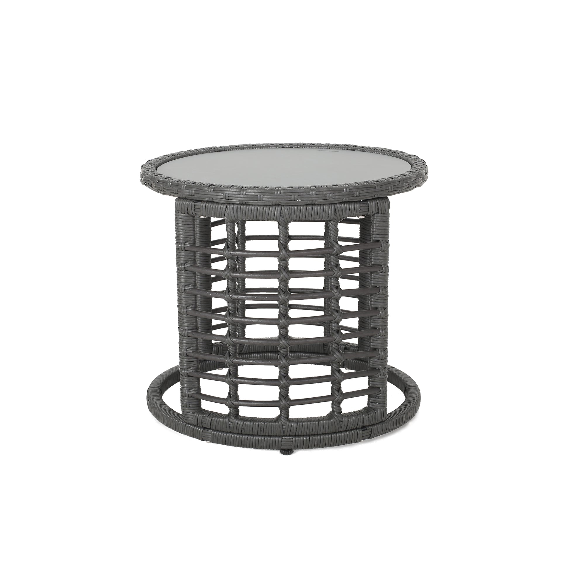 Grey wicker side table with glass top for outdoor patio use