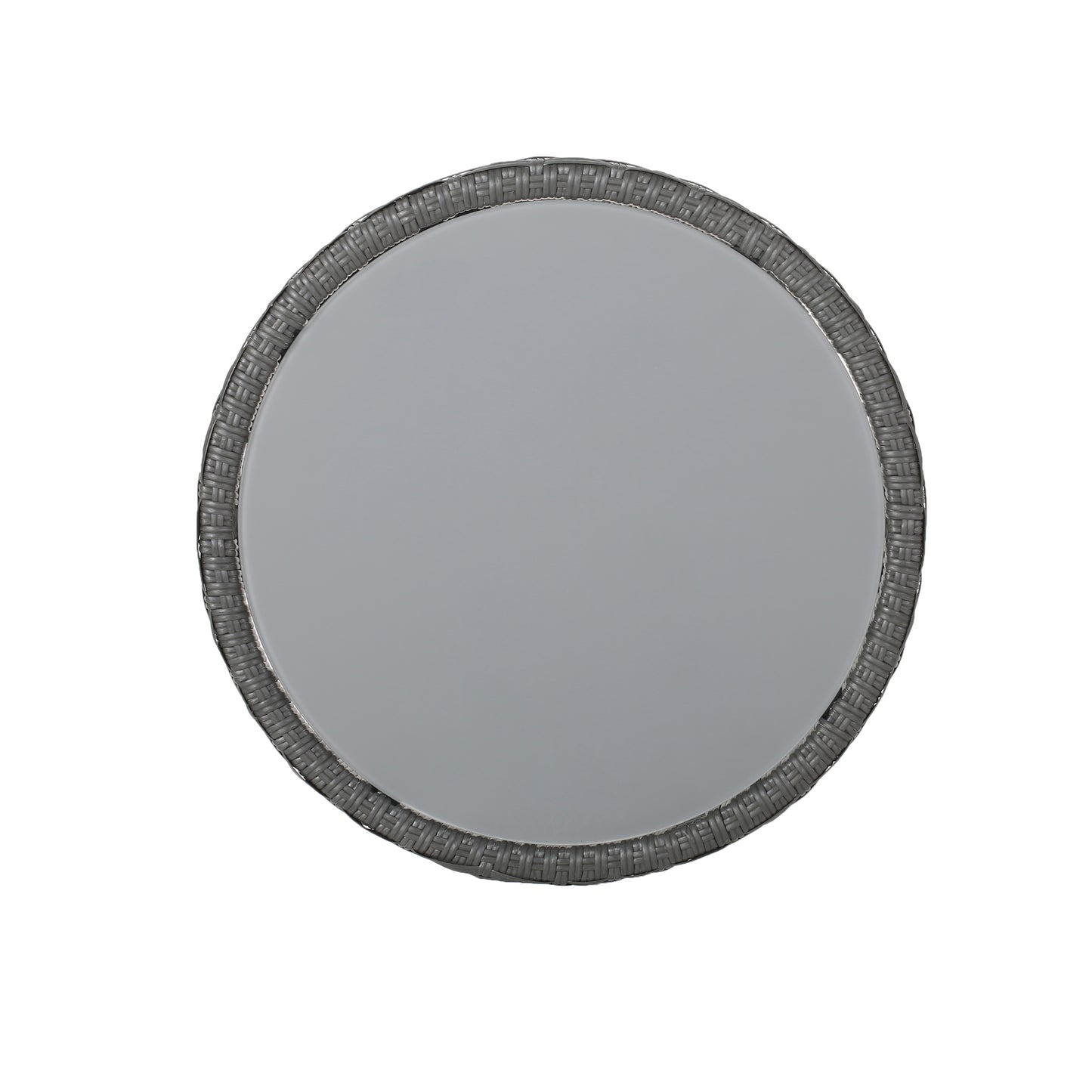 Round woven gray mirror with a reflective surface perfect for entryways