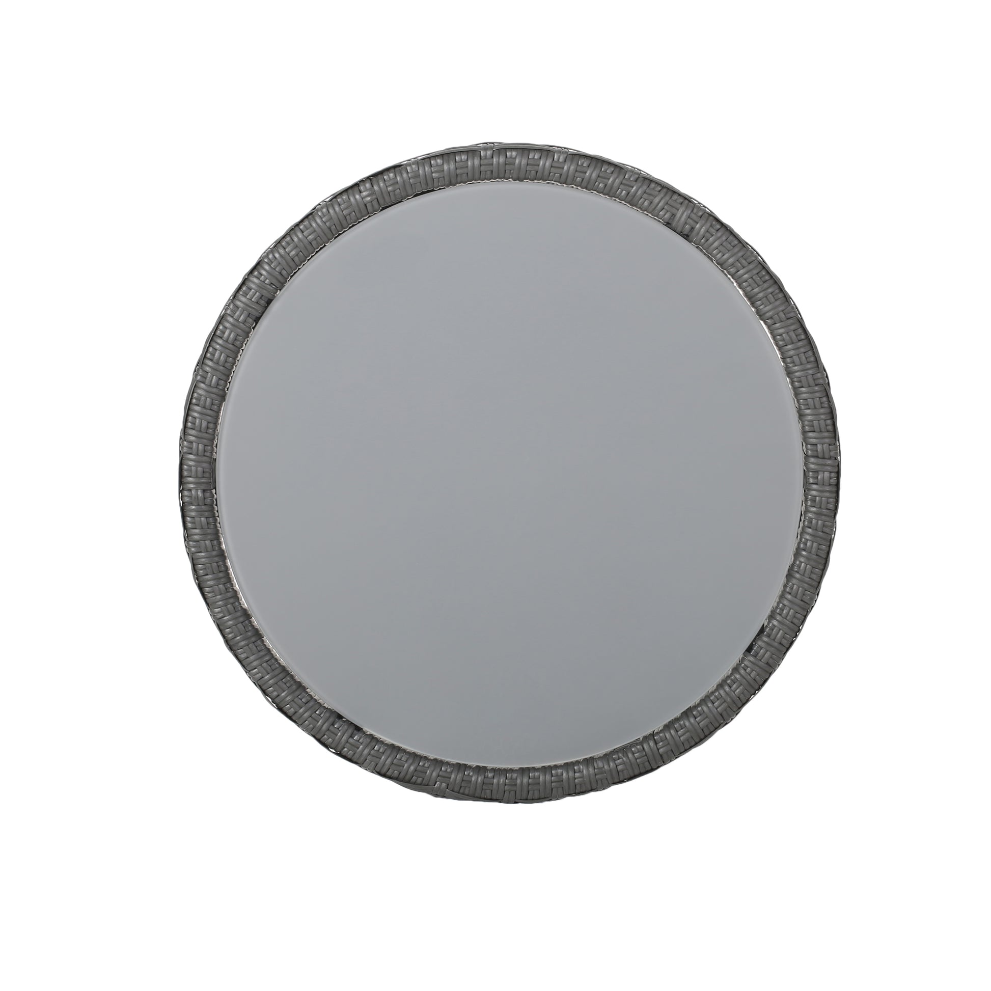 Round woven gray mirror with a reflective surface perfect for entryways
