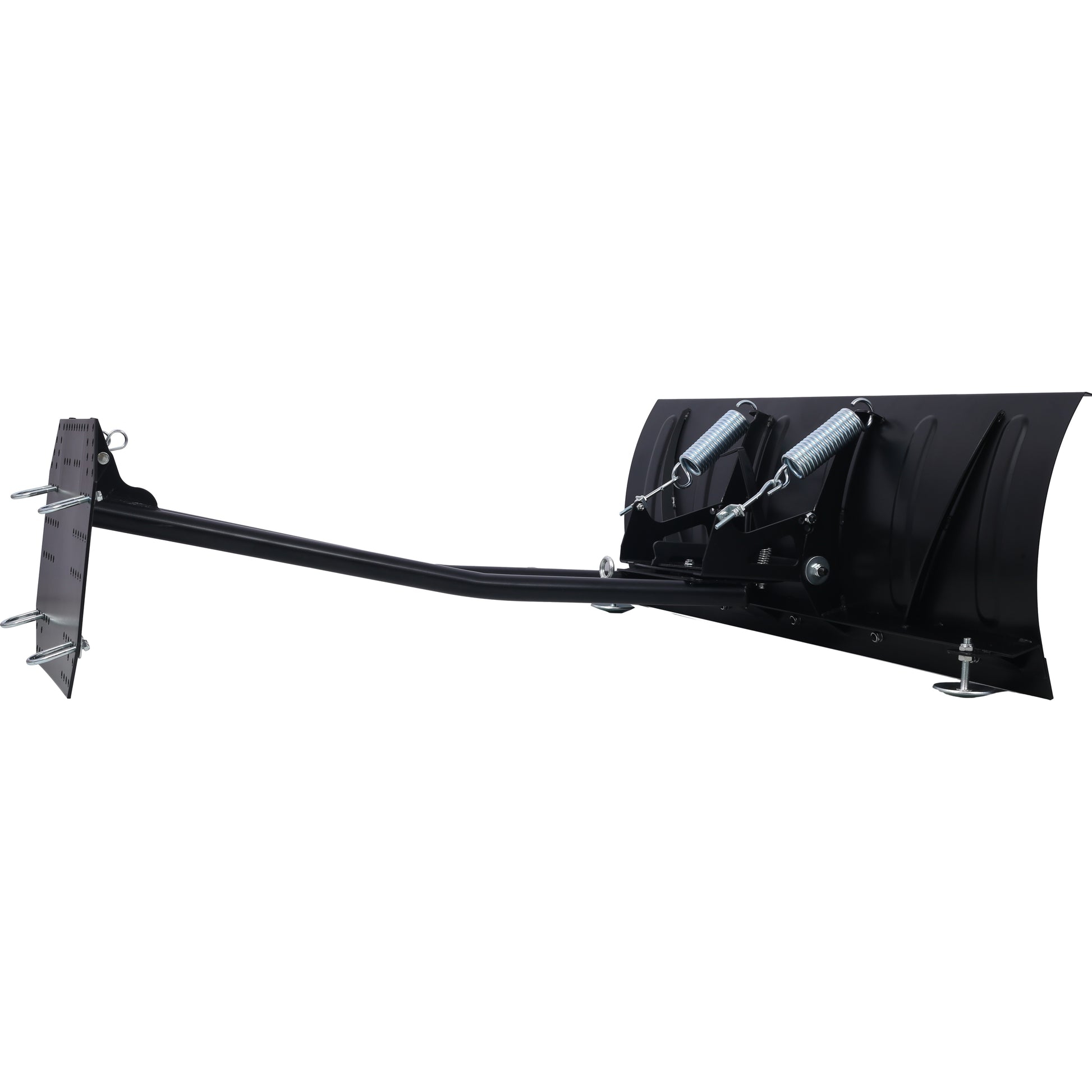 Black metal snow plow attachment with springs and adjustable skids
