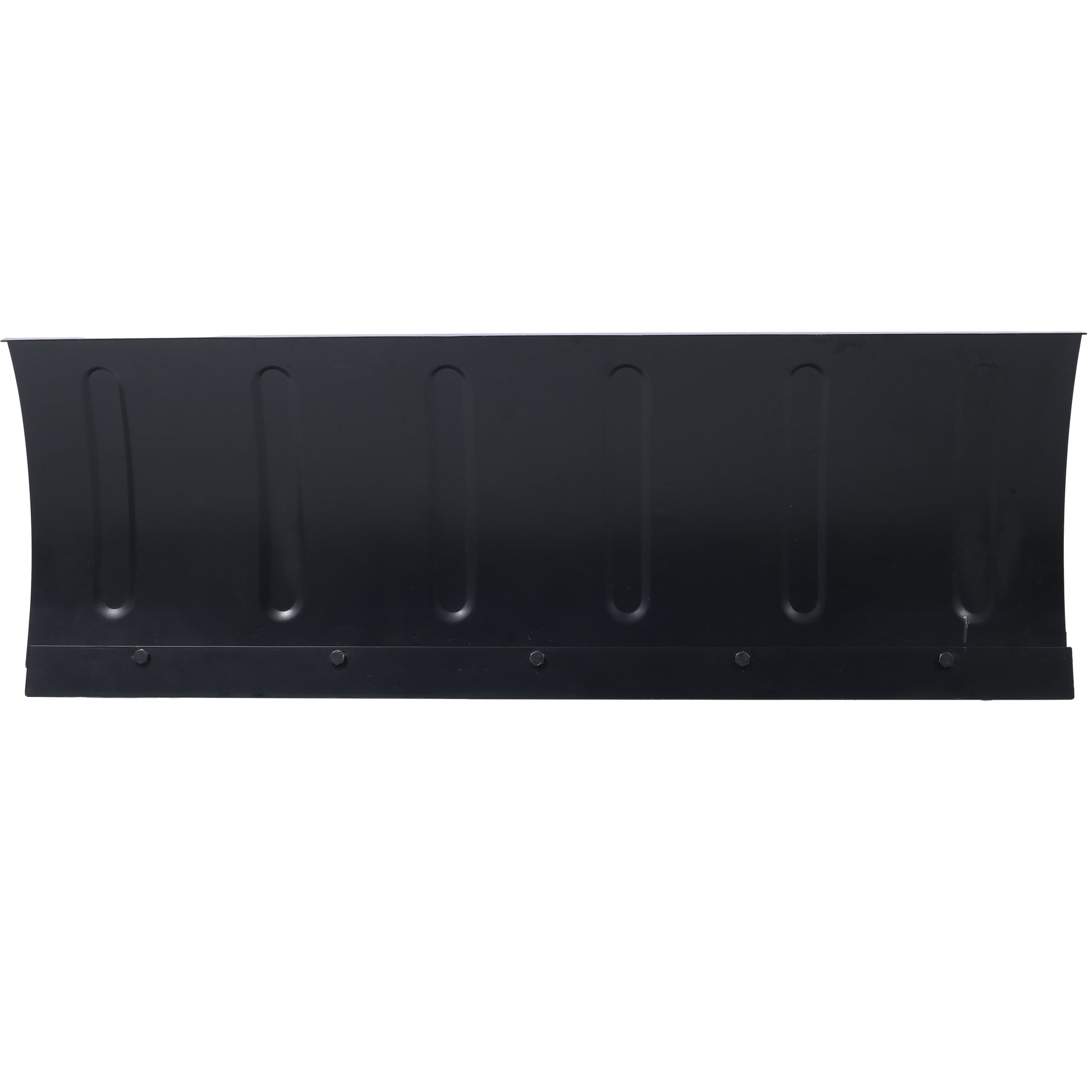 Black metal snow plow blade with embossed vertical lines and reinforced edge
