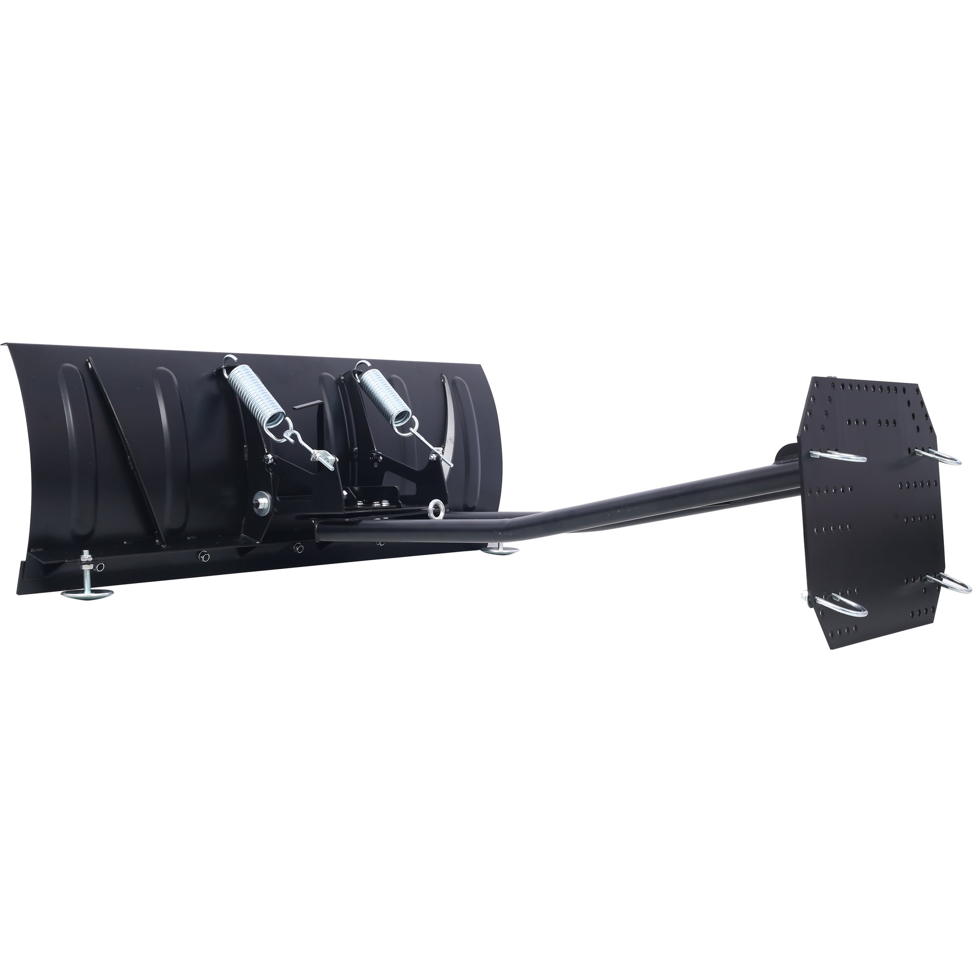Black metal snow plow attachment with springs and mounting bracket