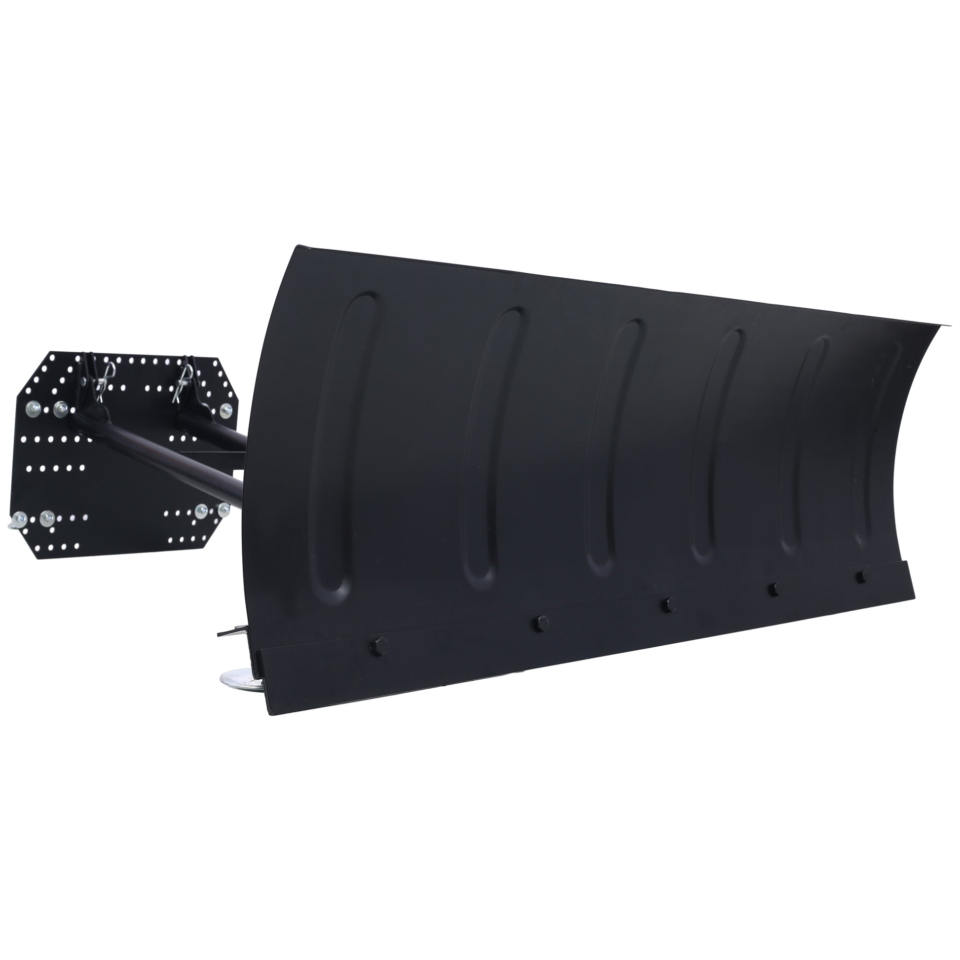 Black metal snow plow blade with adjustable mounting bracket and steel frame