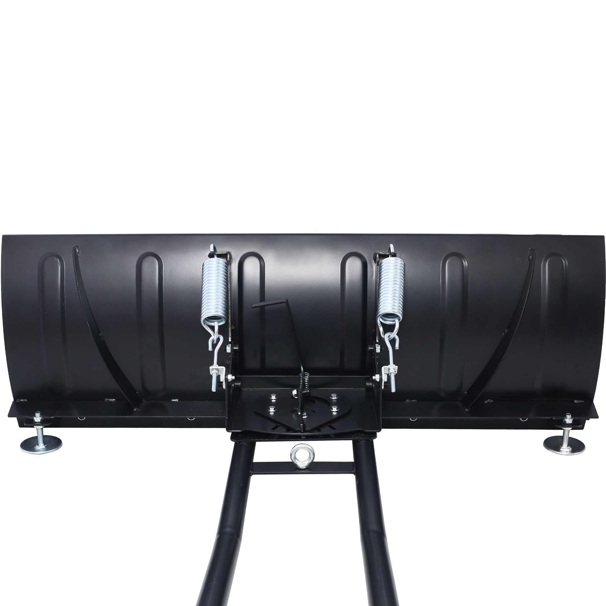 Heavyduty black metal snow plow with adjustable height skids and tension springs for safe operation