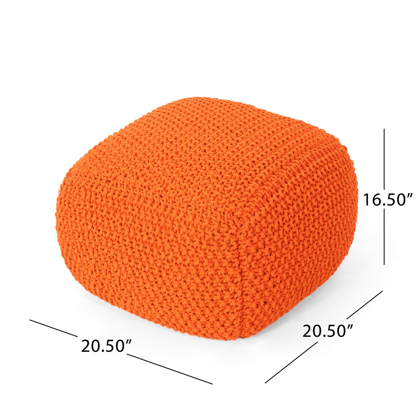 Bright orange knit pouf ottoman textured with chunky yarn  inch square
