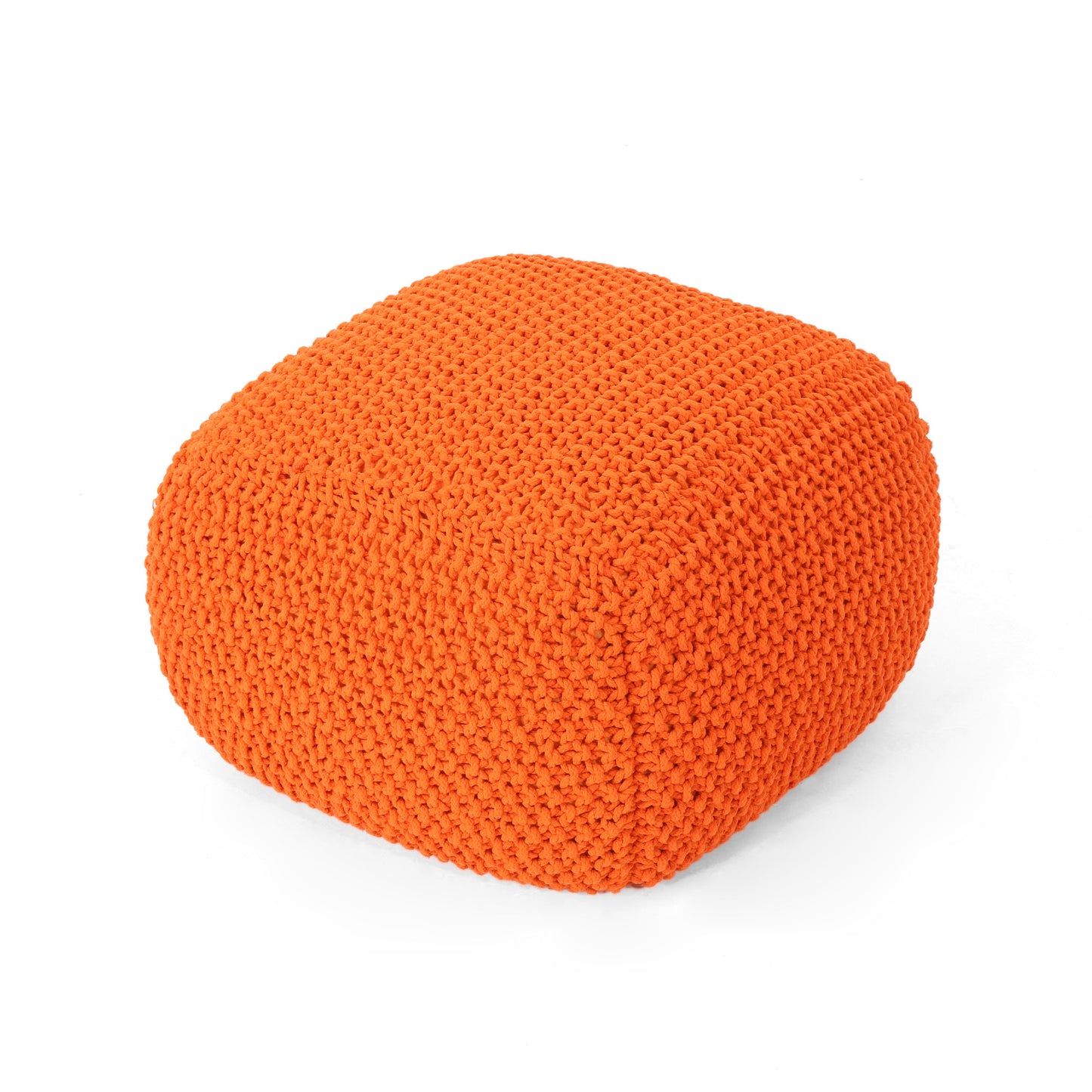 Orange chunky knit ottoman with textured stitching perfect for footrest or extra seating