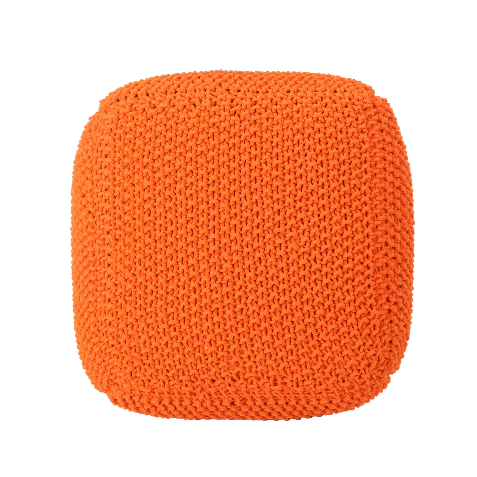 Orange knitted floor pouf with a textured stitch pattern