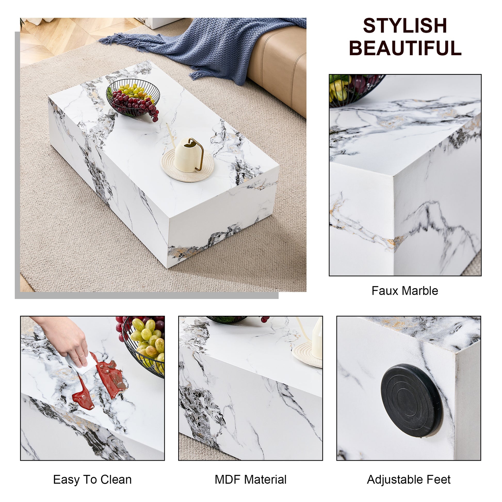 Rectangular faux marble coffee table with grapes and decorative cup