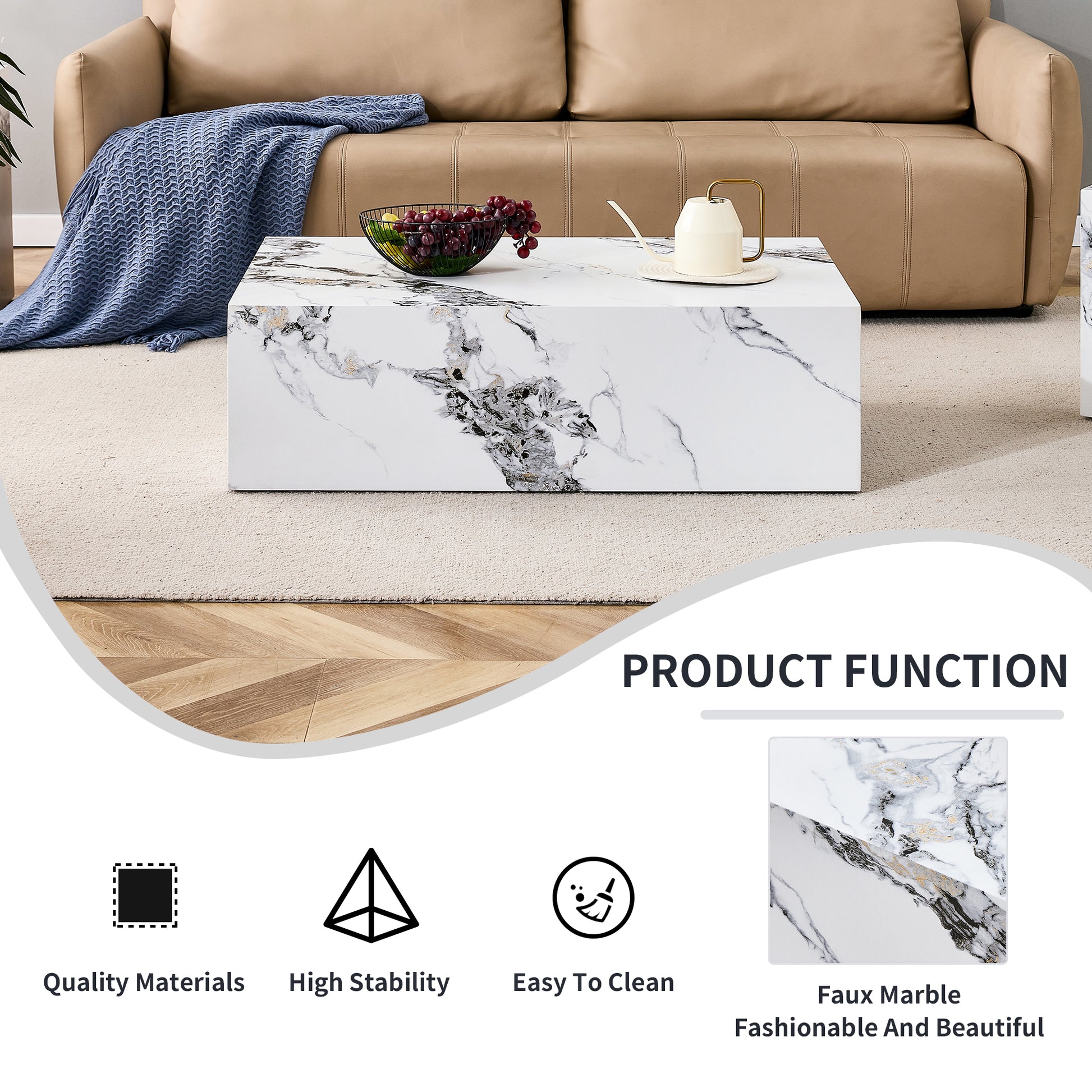 Modern faux marble coffee table with gold veining center of living room