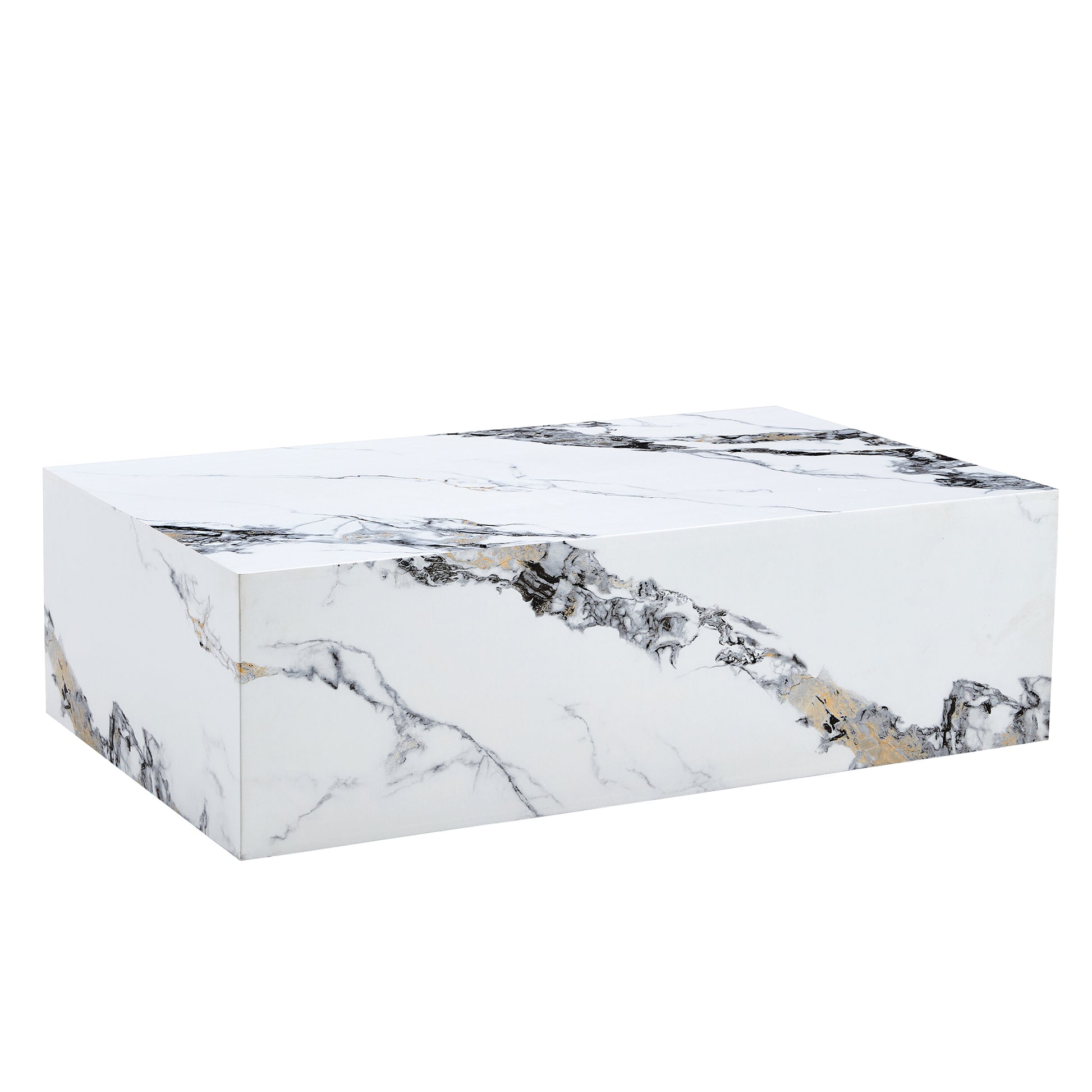 Modern rectangular white marble coffee table with gold veining