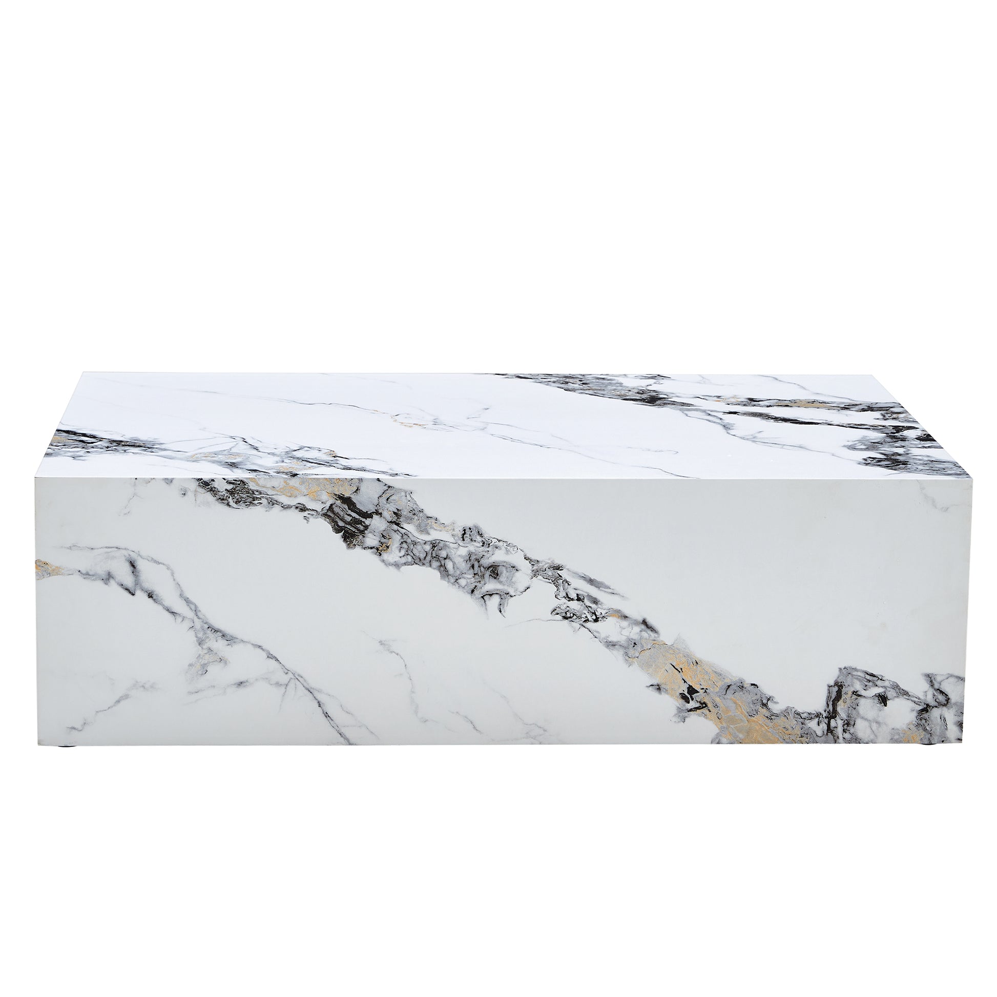 Rectangular modern coffee table with white marblelook finish and gold veining