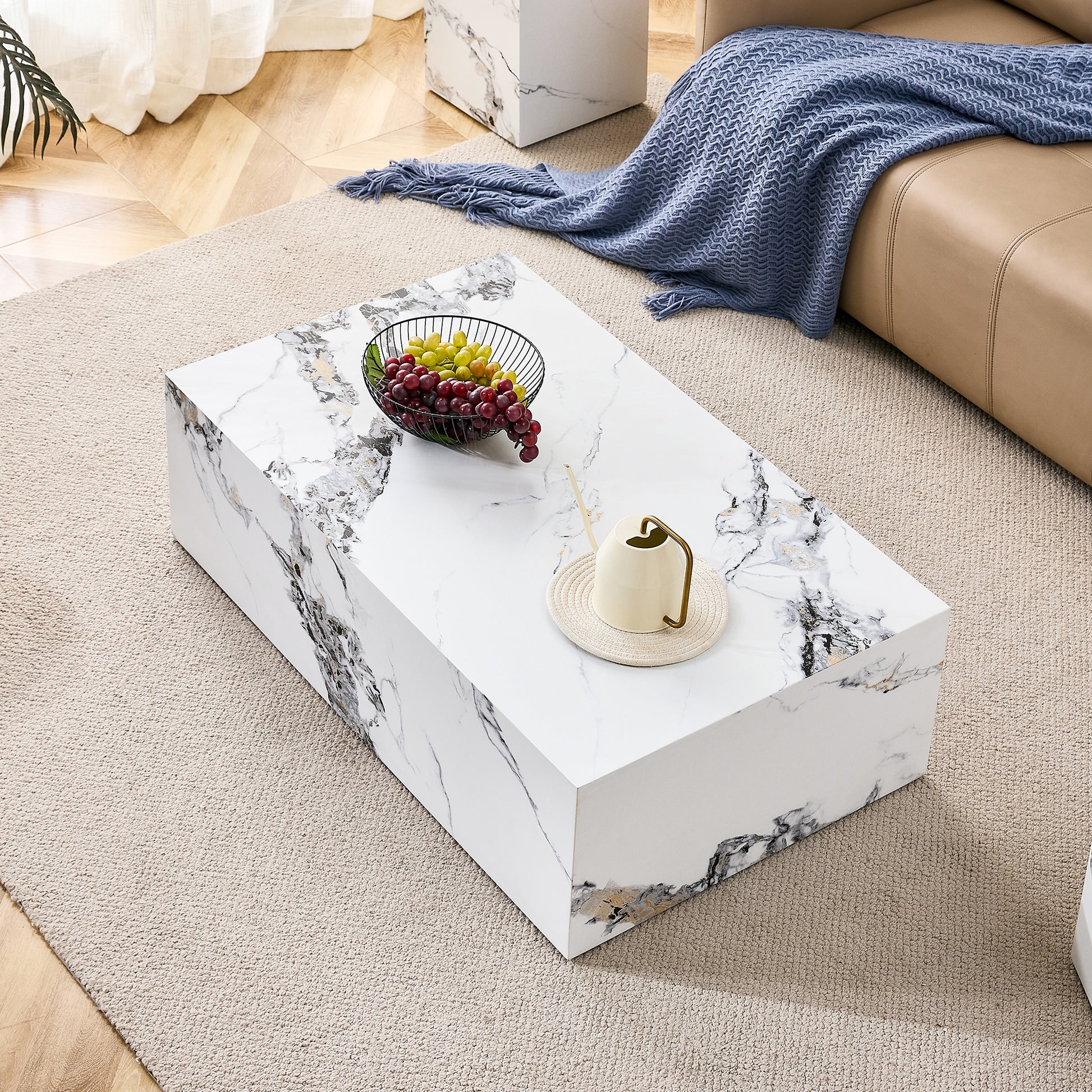 Modern rectangular marble coffee table with white and gray veining for living room style
