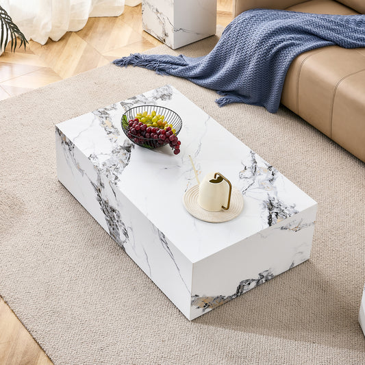 Modern rectangular marble coffee table with white and gray veining for living room style