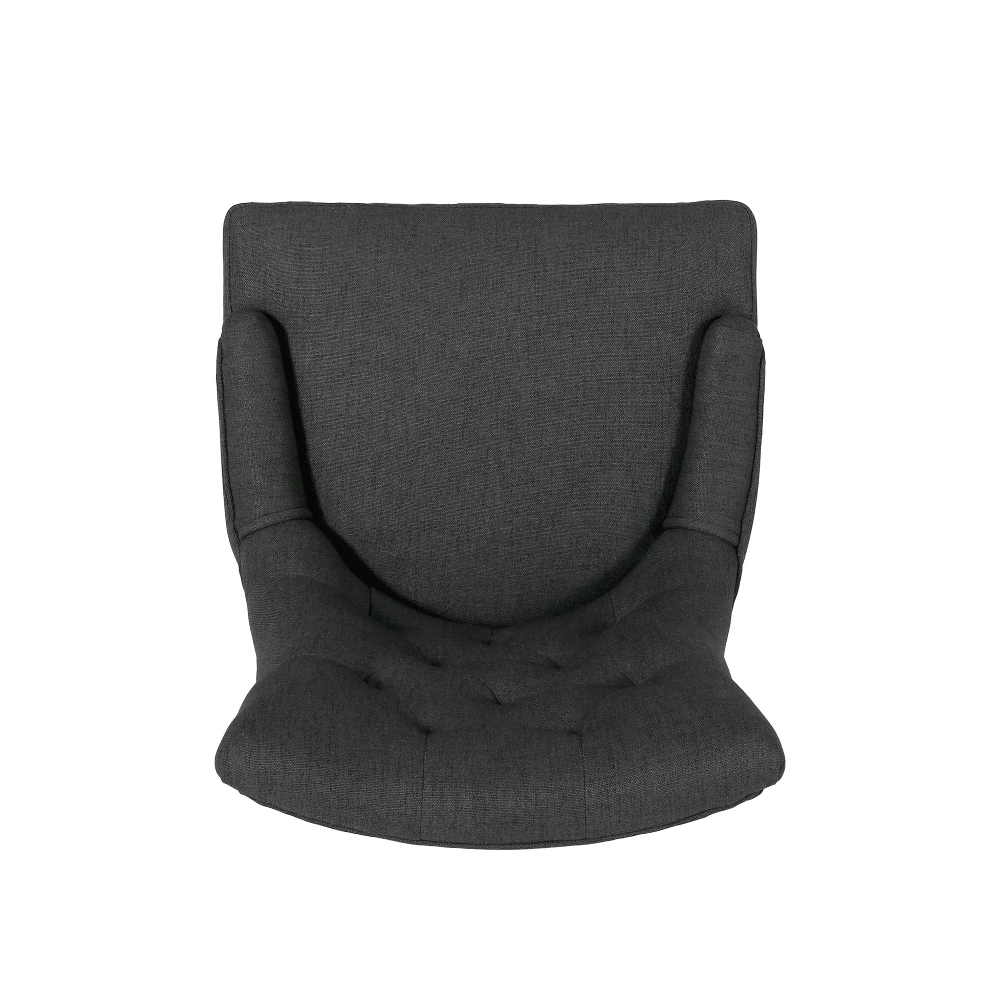 Modern charcoal fabric accent chair with deep tufting and padded armrests