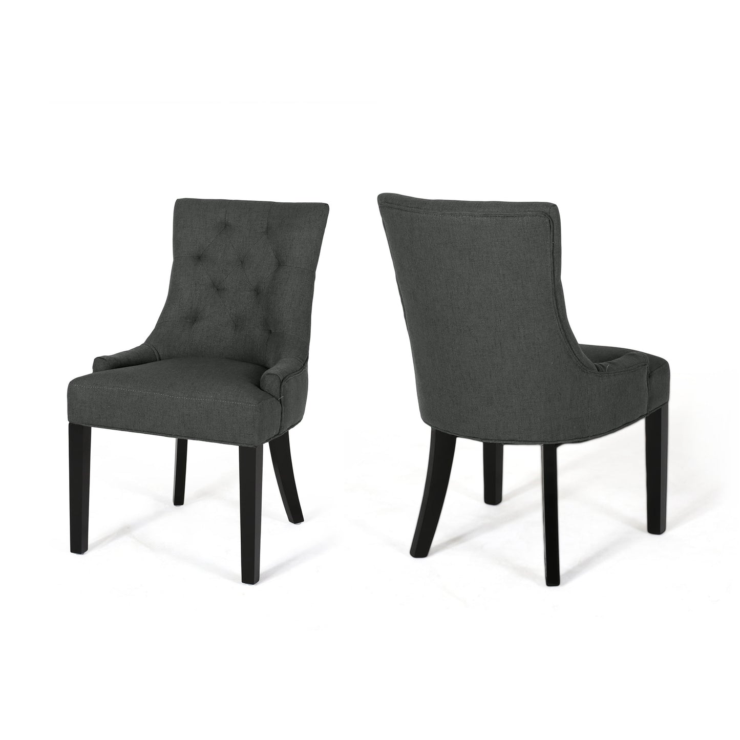 Tufted dark grey fabric dining chair with wooden legs