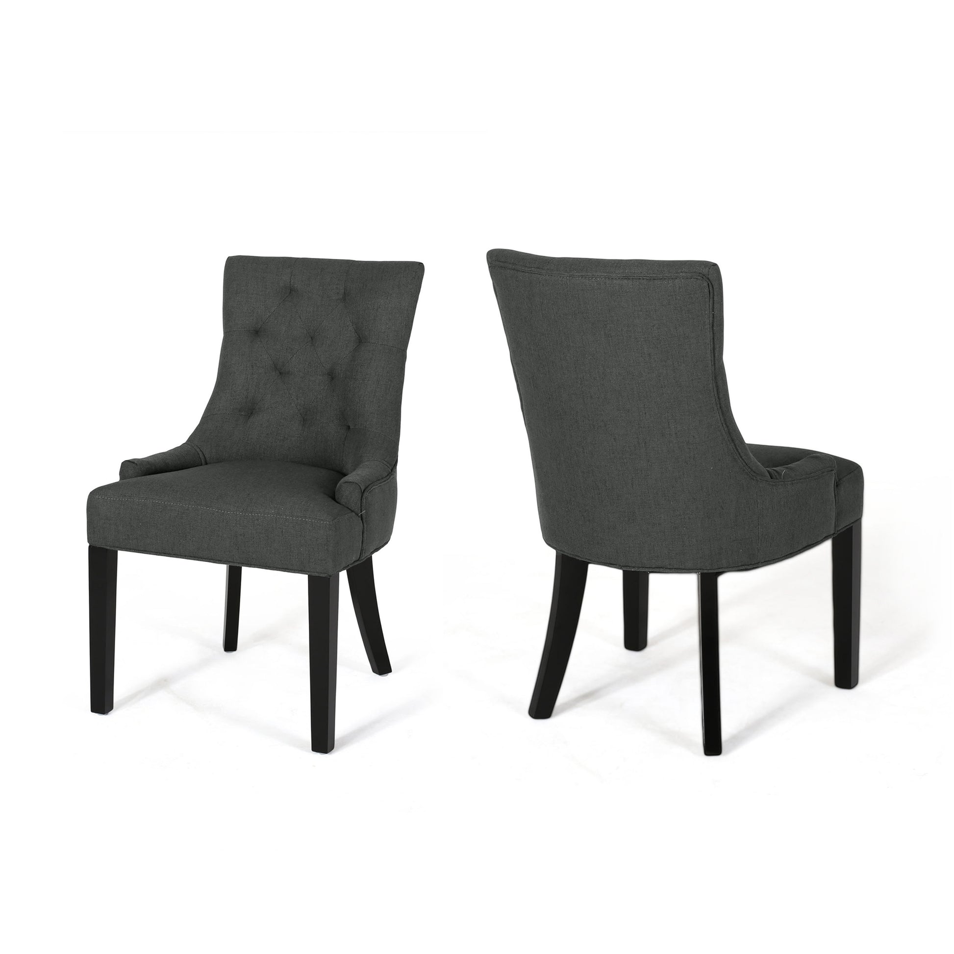 Tufted dark grey fabric dining chair with wooden legs
