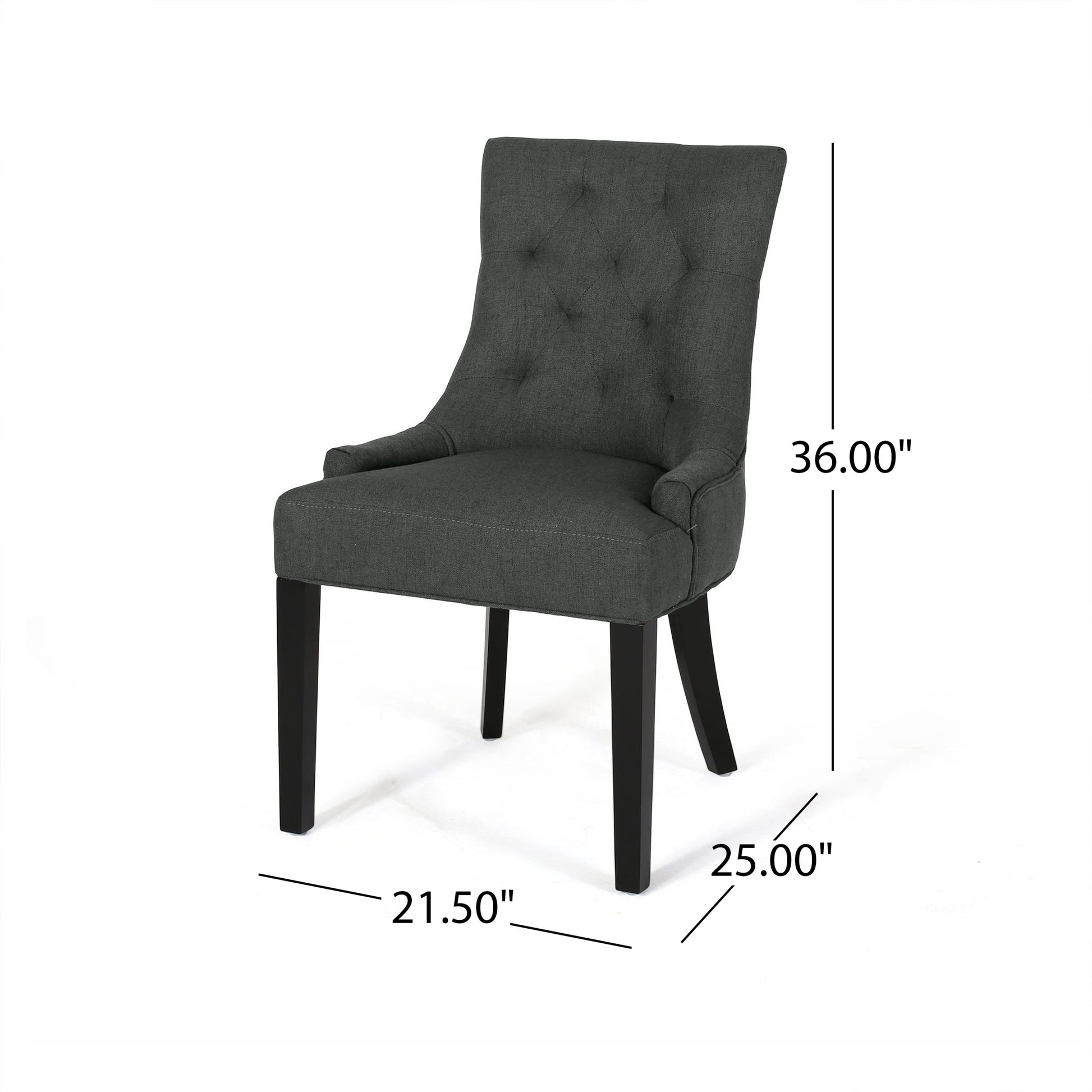 Dark gray tufted fabric dining chair with wooden legs and armrests